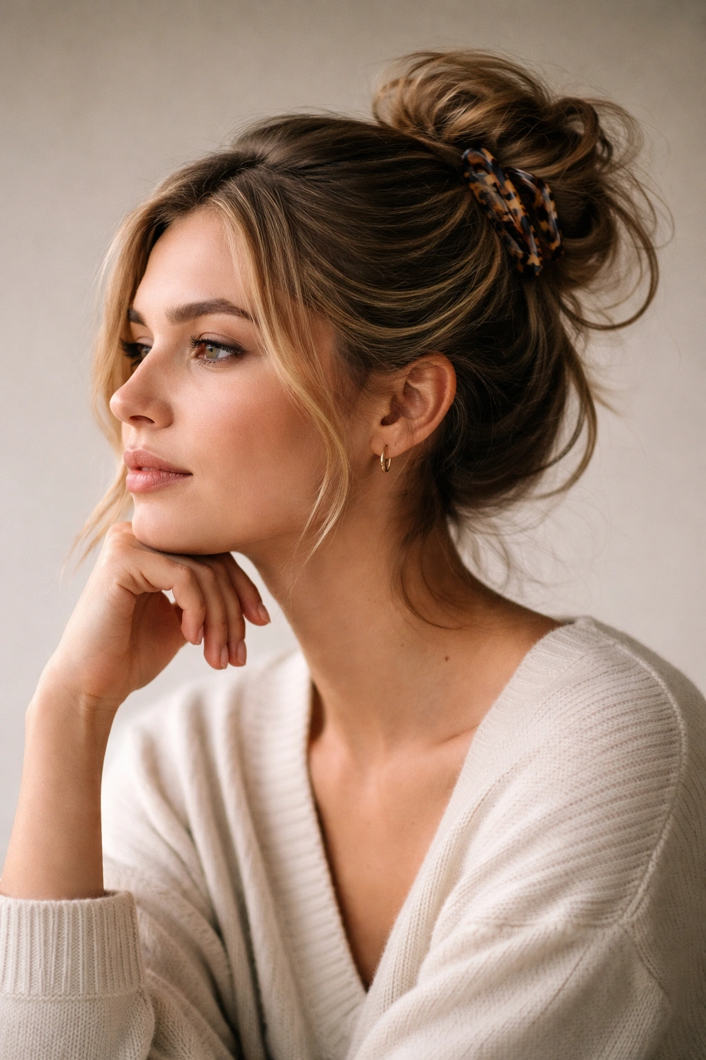 Contemplative portrait of someone with an effortless messy bun and claw clip