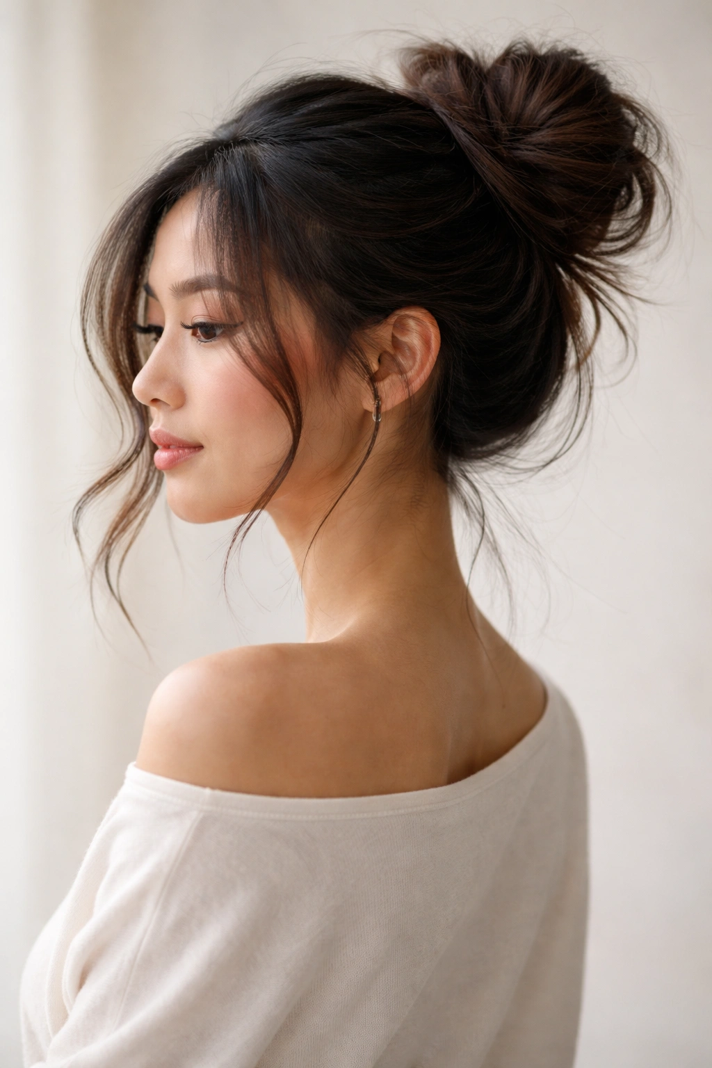 Portrait of a person with an elegant messy bun and subtle face-framing pieces