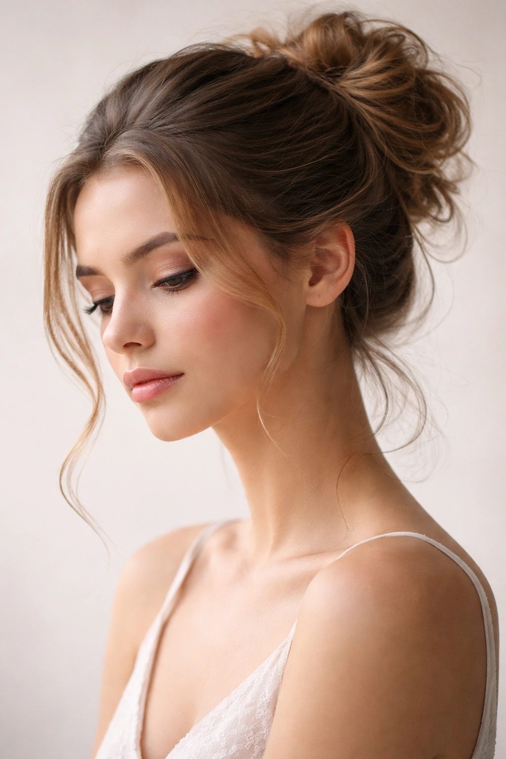 Portrait focusing on a refined messy bun with a calm expression
