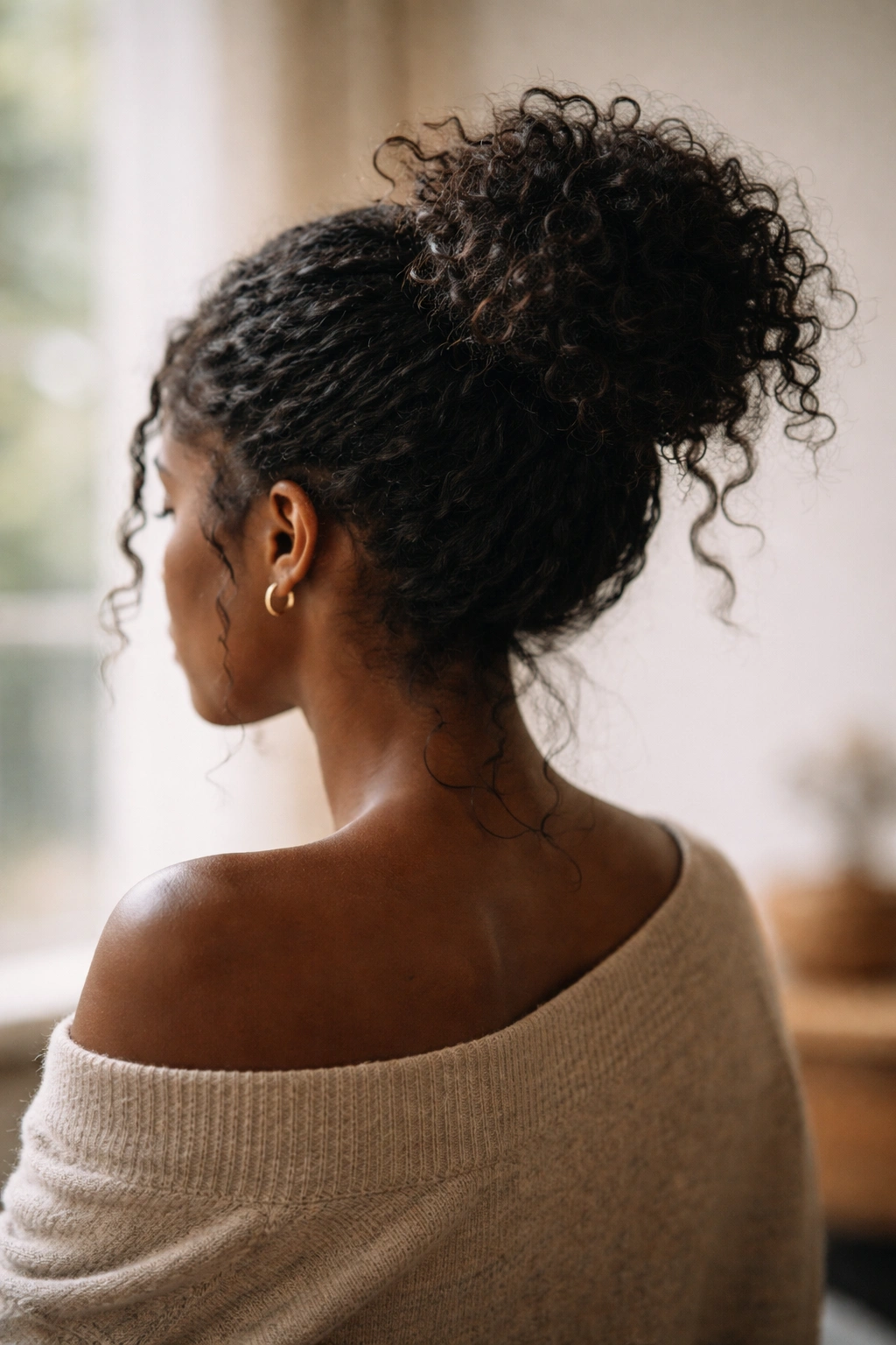 Silhouette of a person with a loose messy bun in a soft backlit setting.