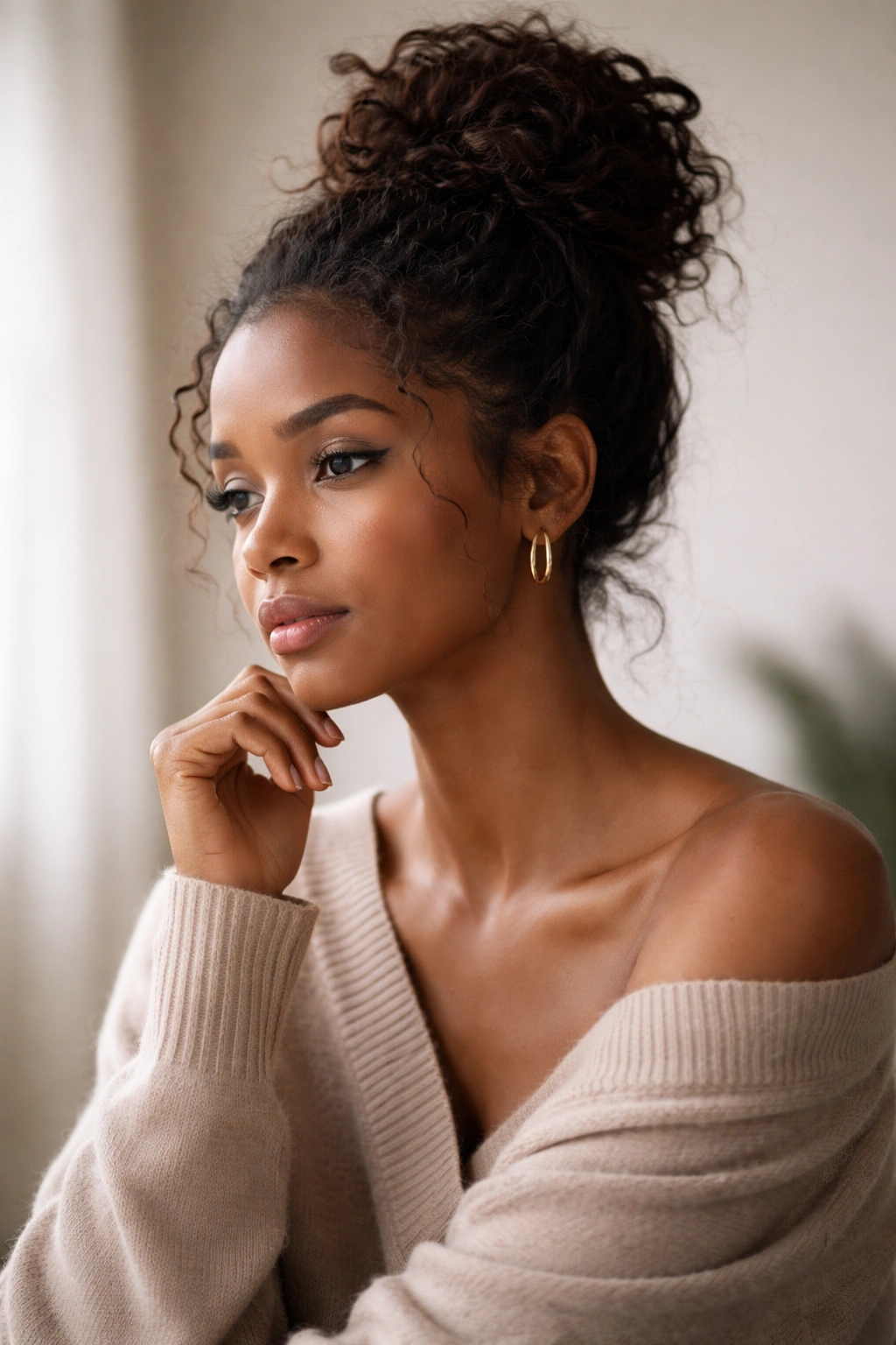 Contemplative portrait of a Black woman with a bun in a minimalist setting, expressing final thoughts on messy bun styles.