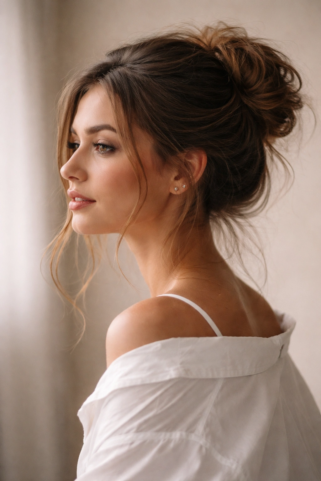 Portrait of a person with a loose messy bun in a contemplative pose against a neutral backdrop
