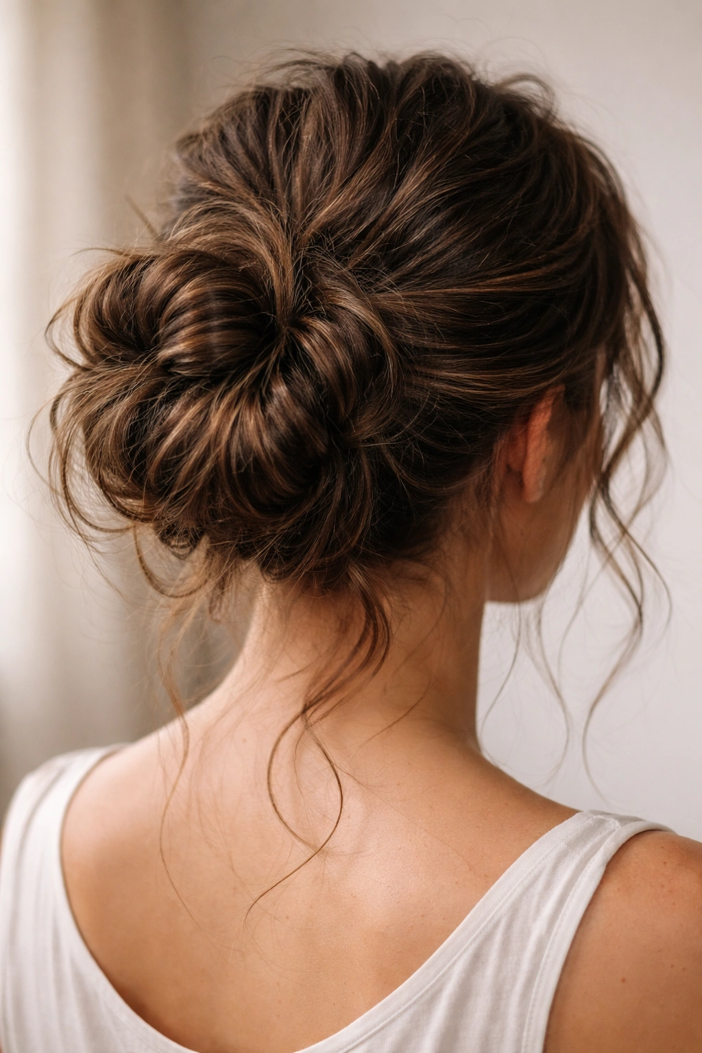 Back view close-up of thick hair in a textured messy bun, emphasizing grip and volume