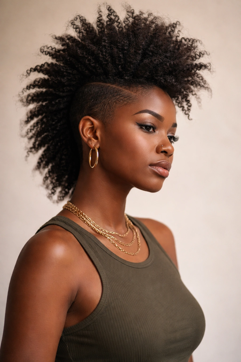 Portrait of a confident person with a bold mohawk