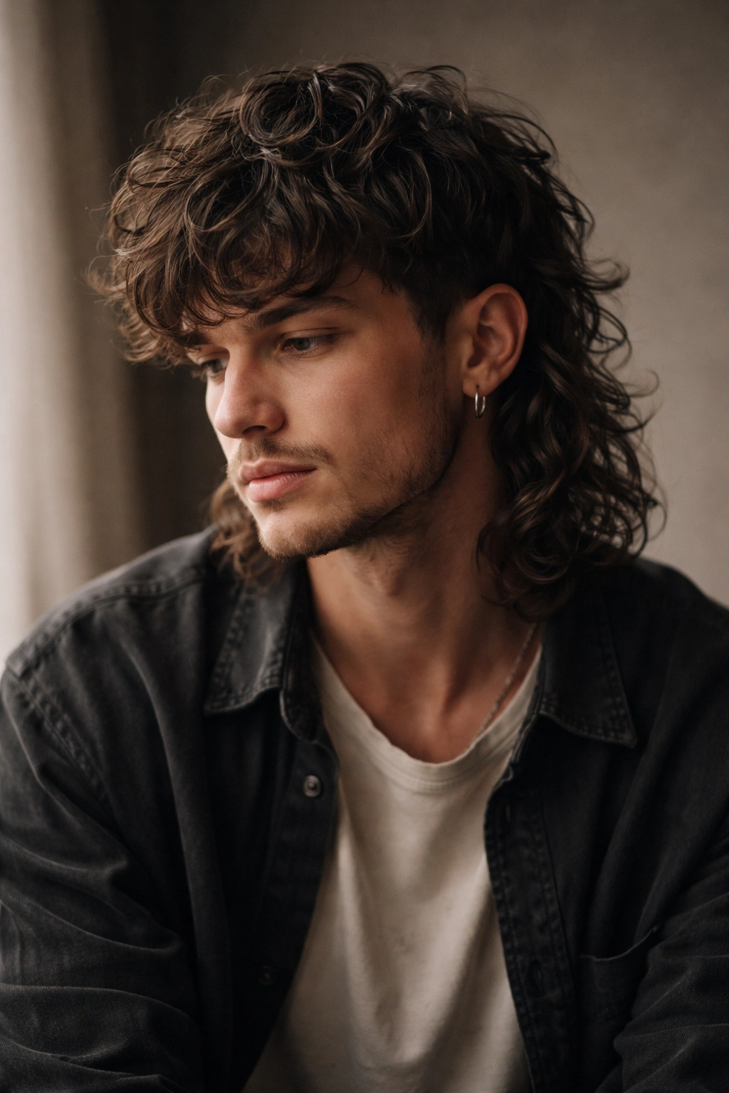 Contemplative portrait of a person with a wavy mullet in a calm studio