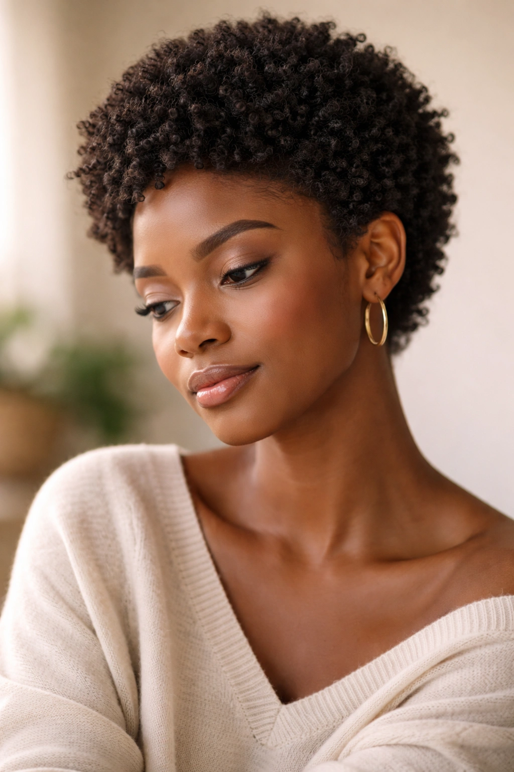 Serene portrait of a person with natural hair in warm studio lighting