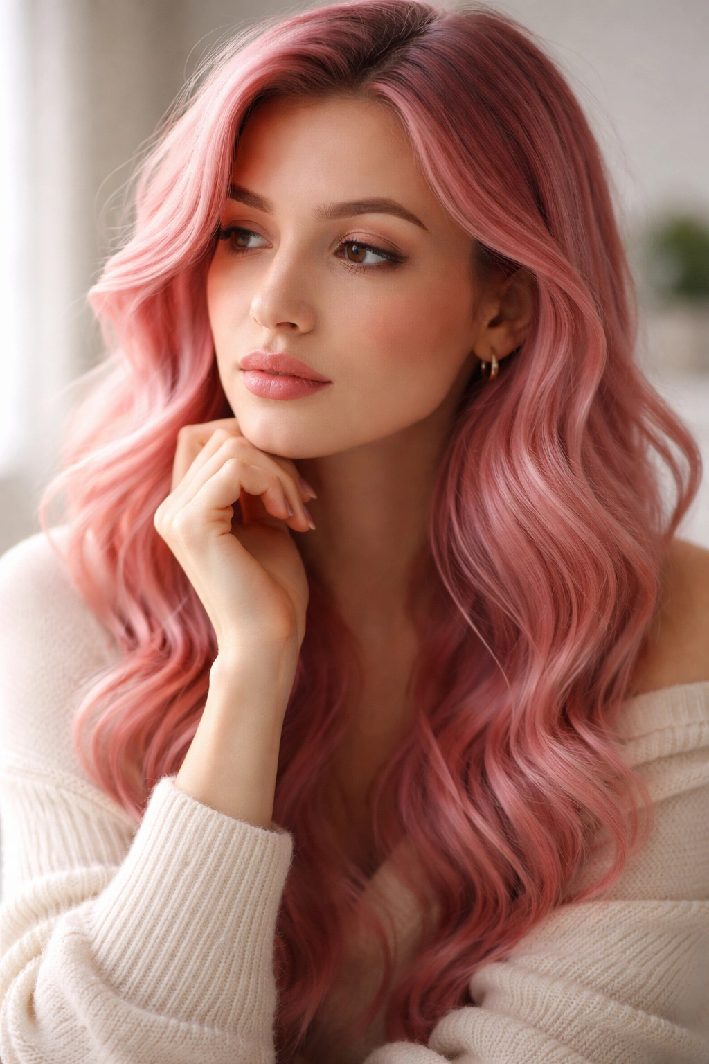 Contemplative portrait of pink-haired person in studio