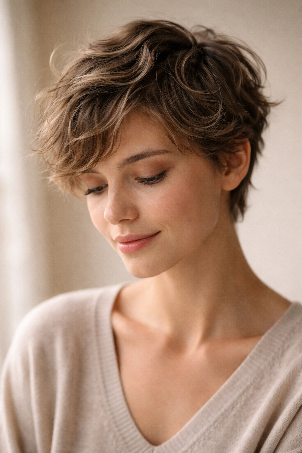 Calm portrait of a person with a wavy grown-out pixie