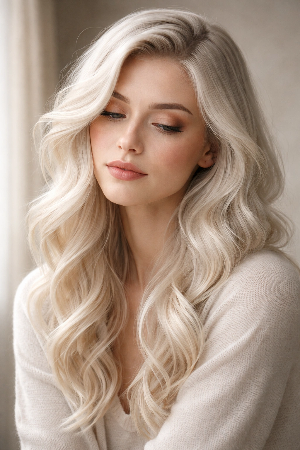 Portrait of a person with platinum blonde wavy hair in a contemplative mood