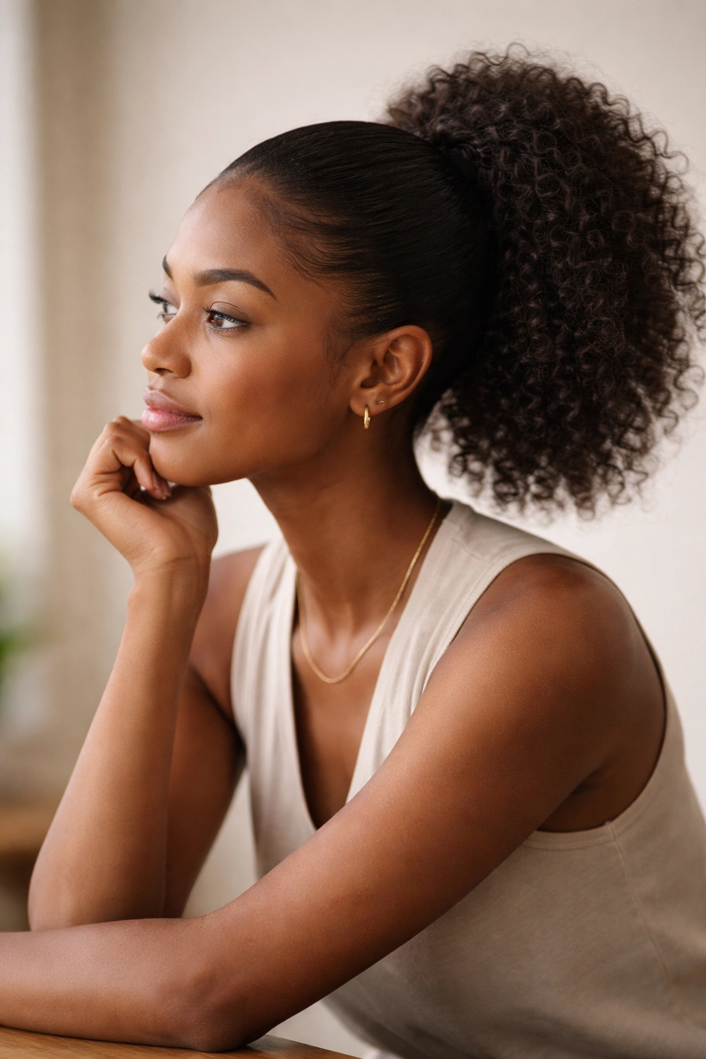 Thoughtful portrait reflecting on Afro ponytail styling