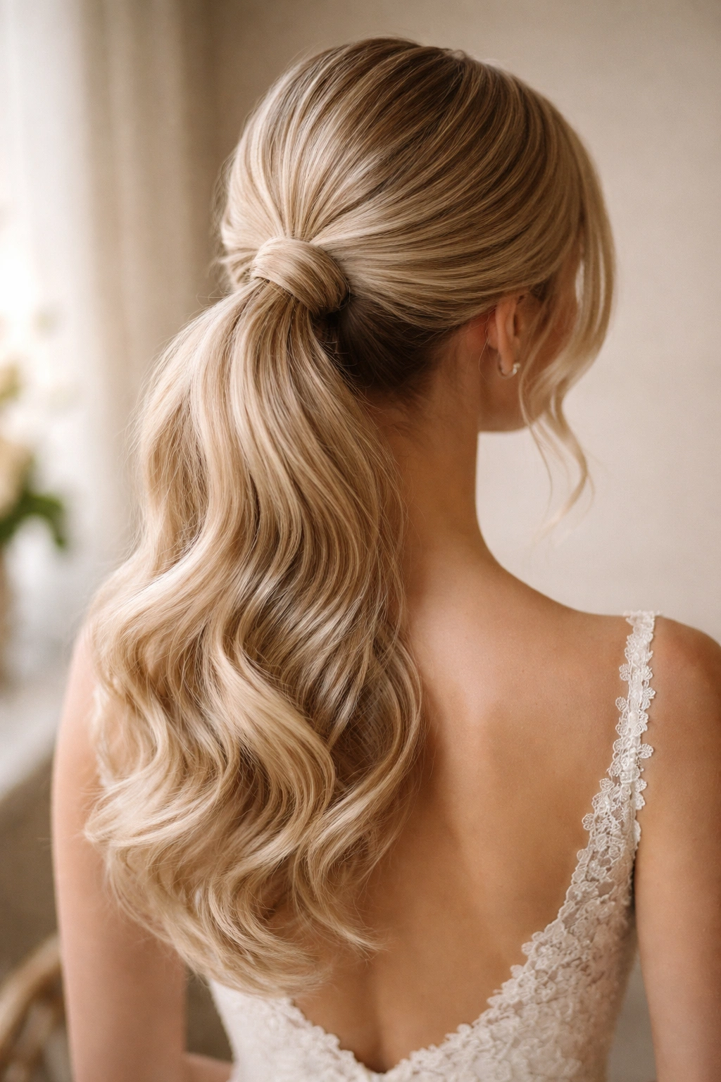 Close-up of a pristine bridal ponytail with smooth shine