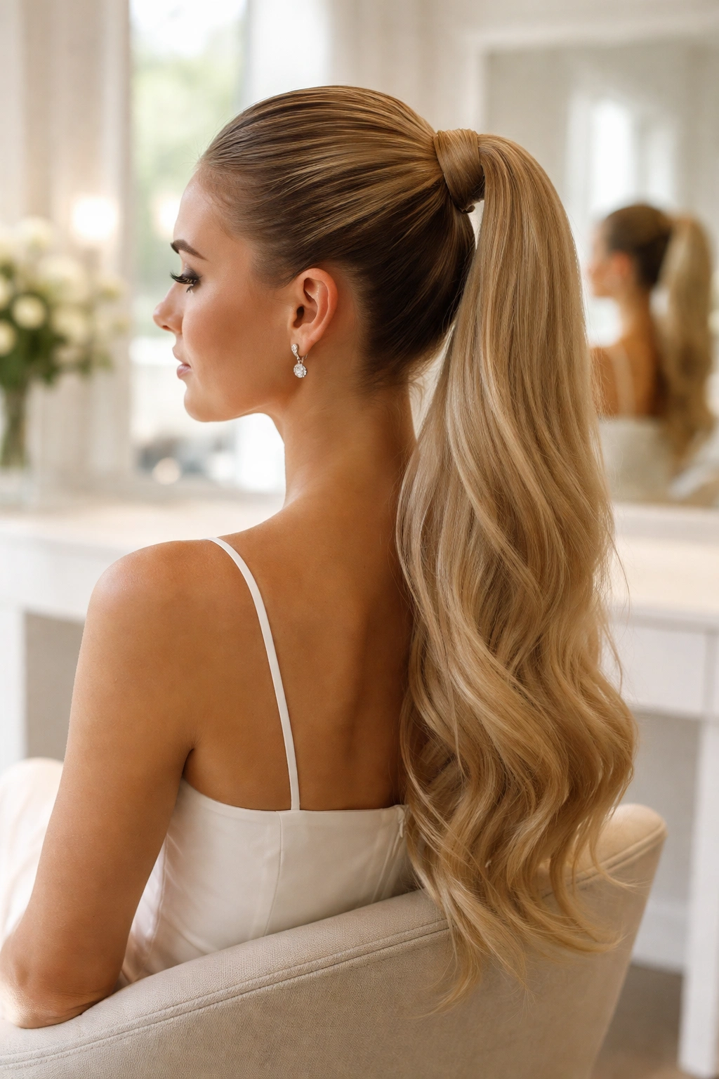 Bridesmaid with sleek high ponytail in a salon under soft natural light