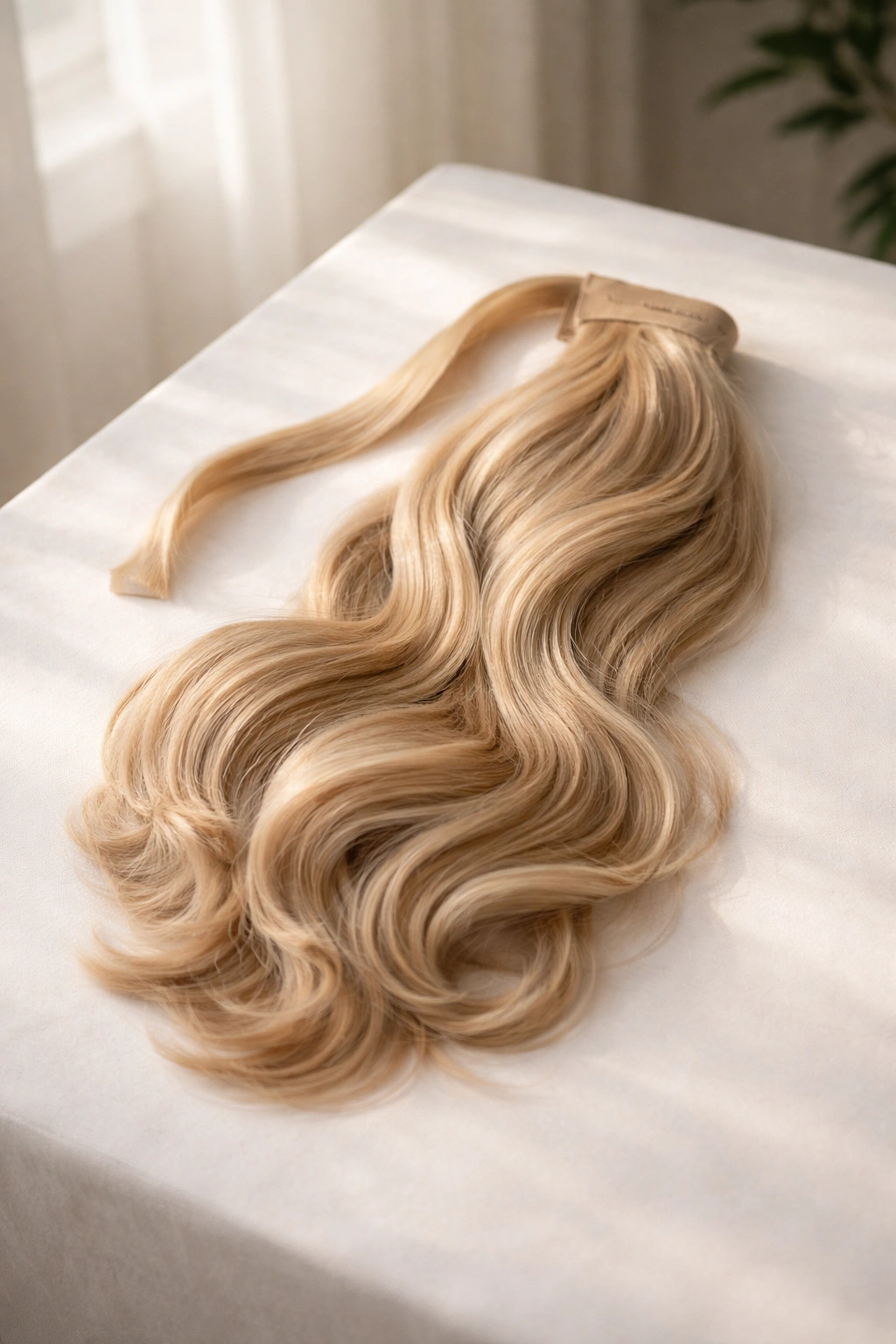 Minimal image of a voluminous ponytail extension resting on a surface
