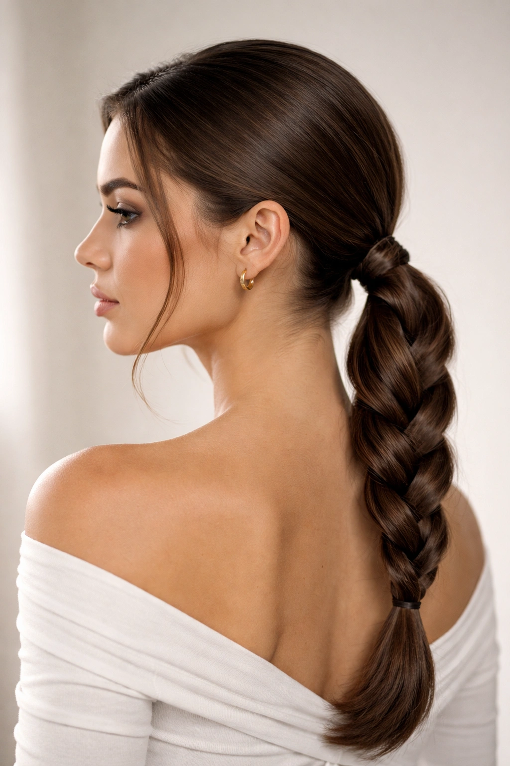 Close-up of a model's sleek low braided ponytail in a studio, emphasizing versatile, polished hairstyle.