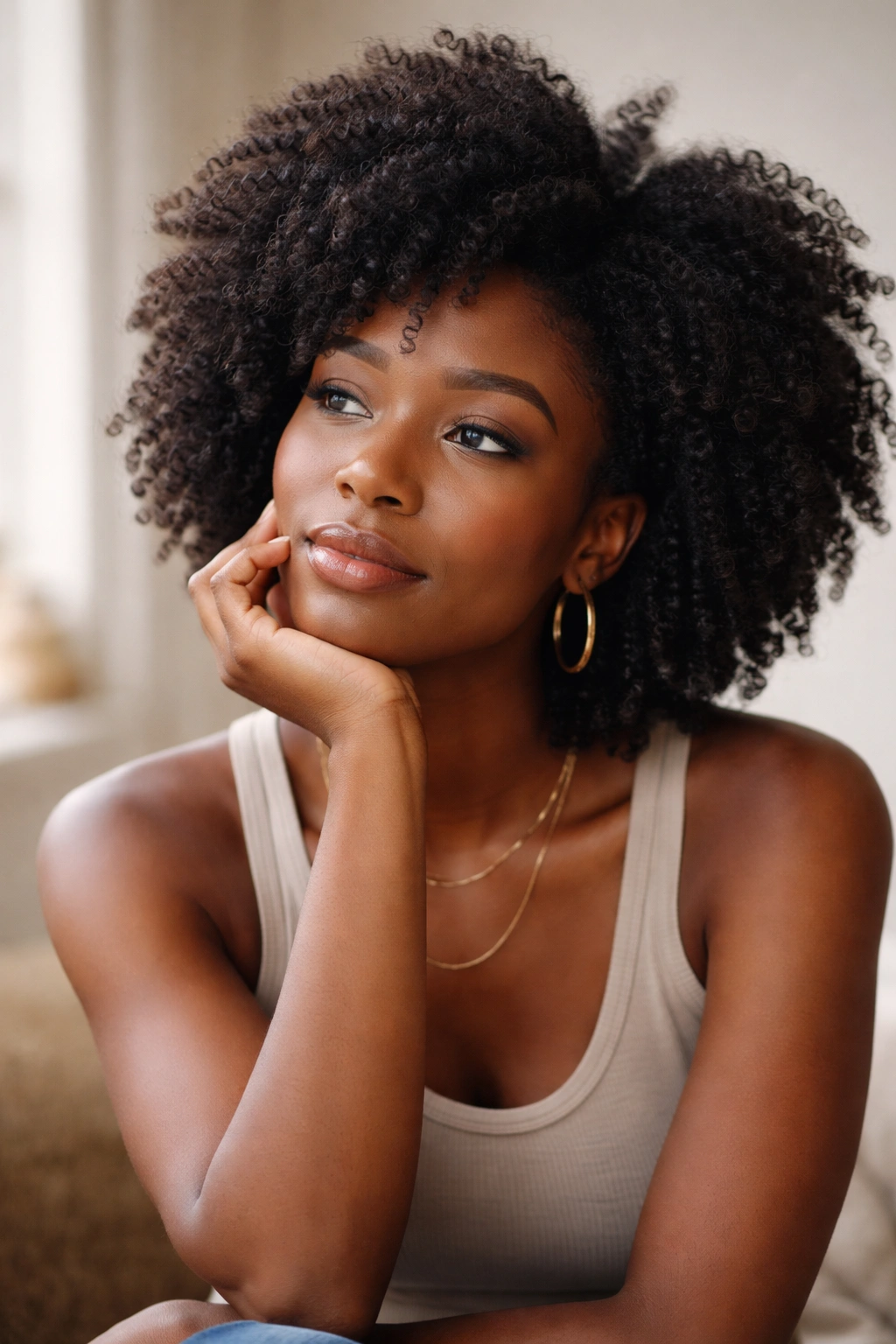 Contemplative portrait of a person with 4C hair reflecting on versatile styling