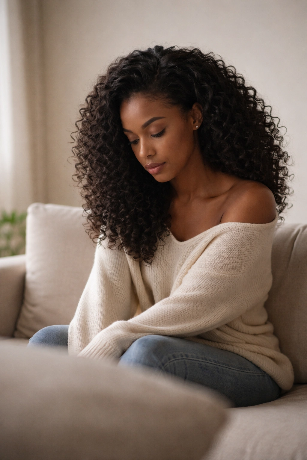 Contemplative portrait representing final thoughts on wig styling