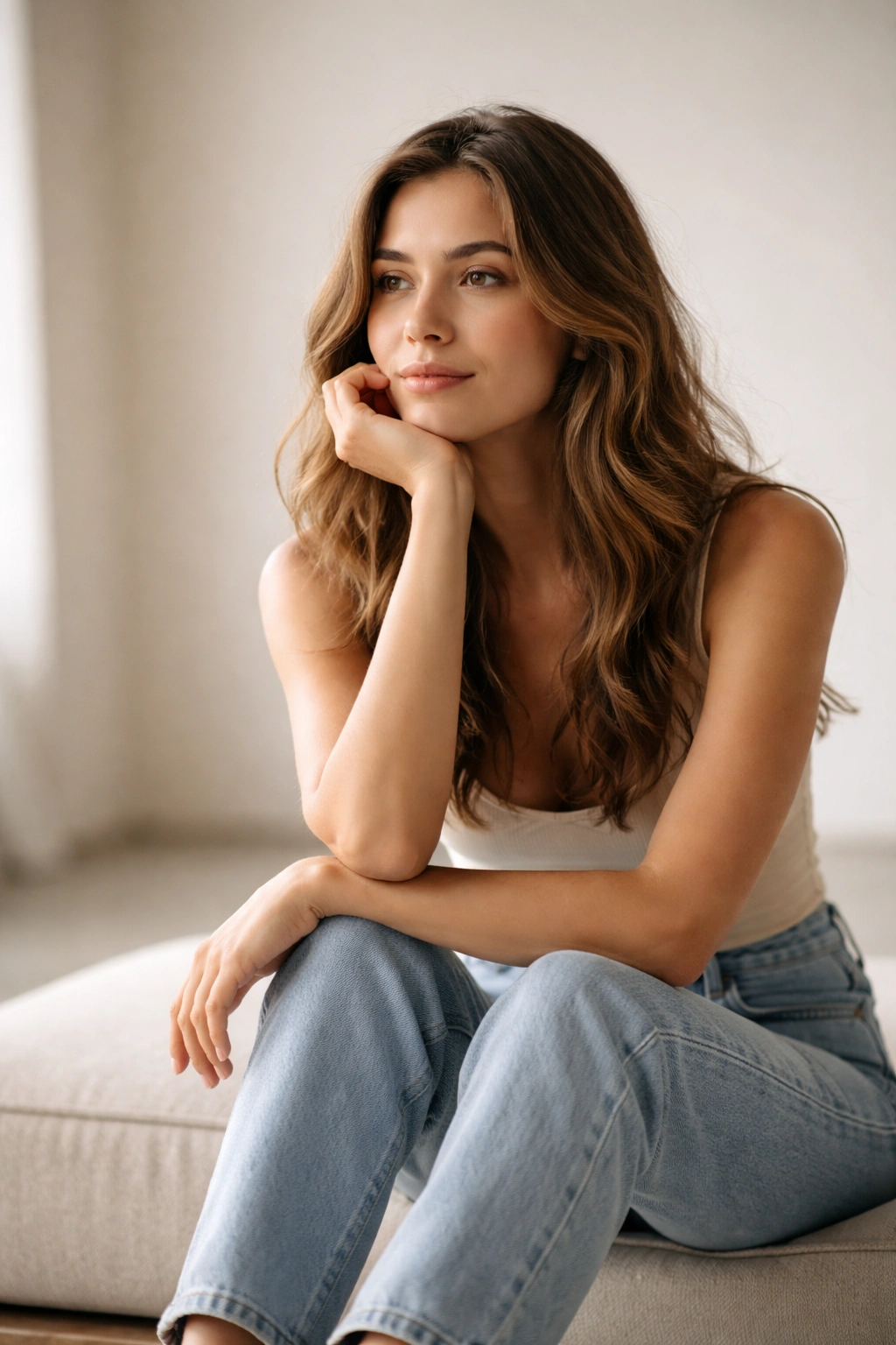 Thoughtful person in a minimalist studio, representing final thoughts about layered hair for naturally wavy hair.