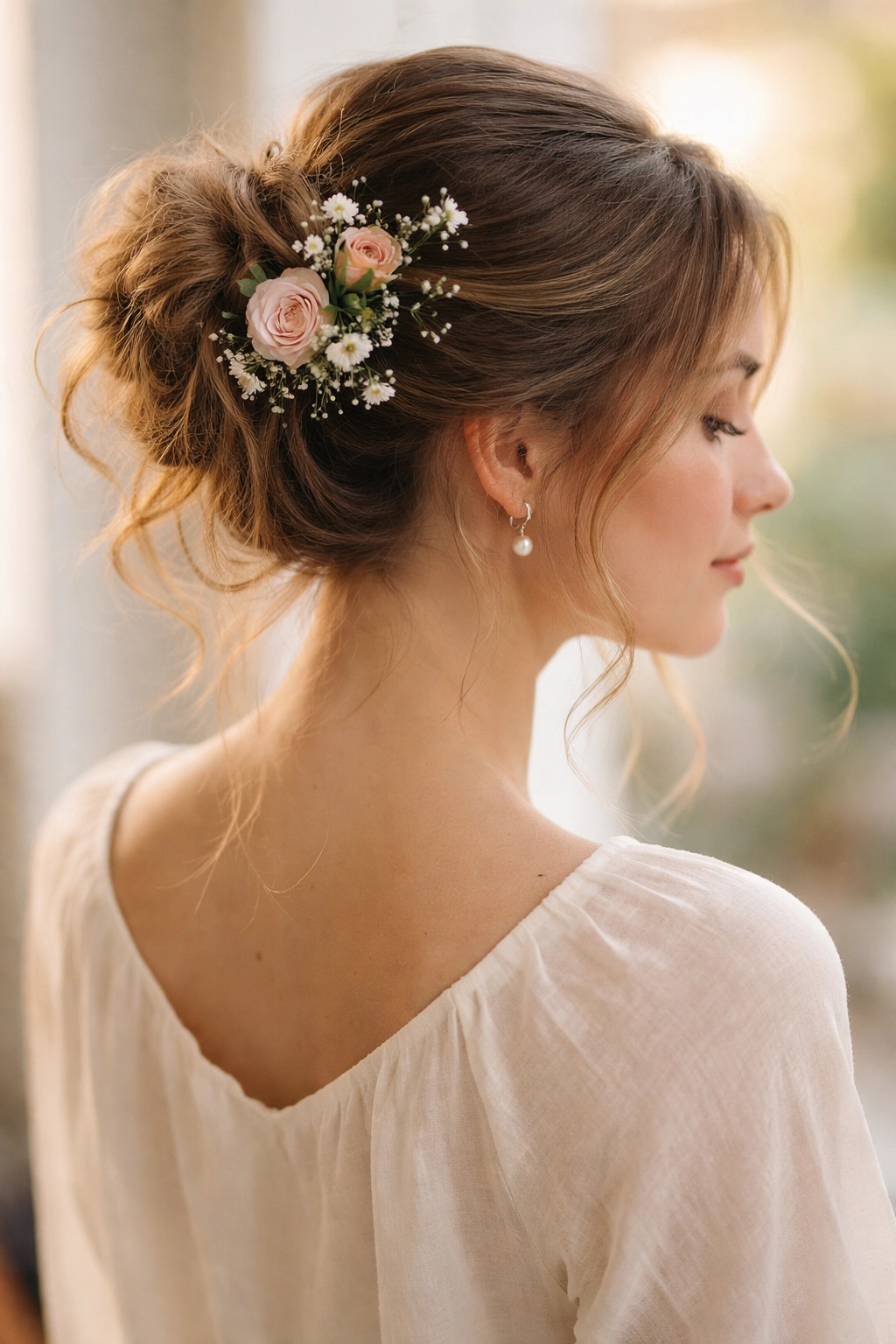 Portrait of a person with a loose messy bun in soft lighting