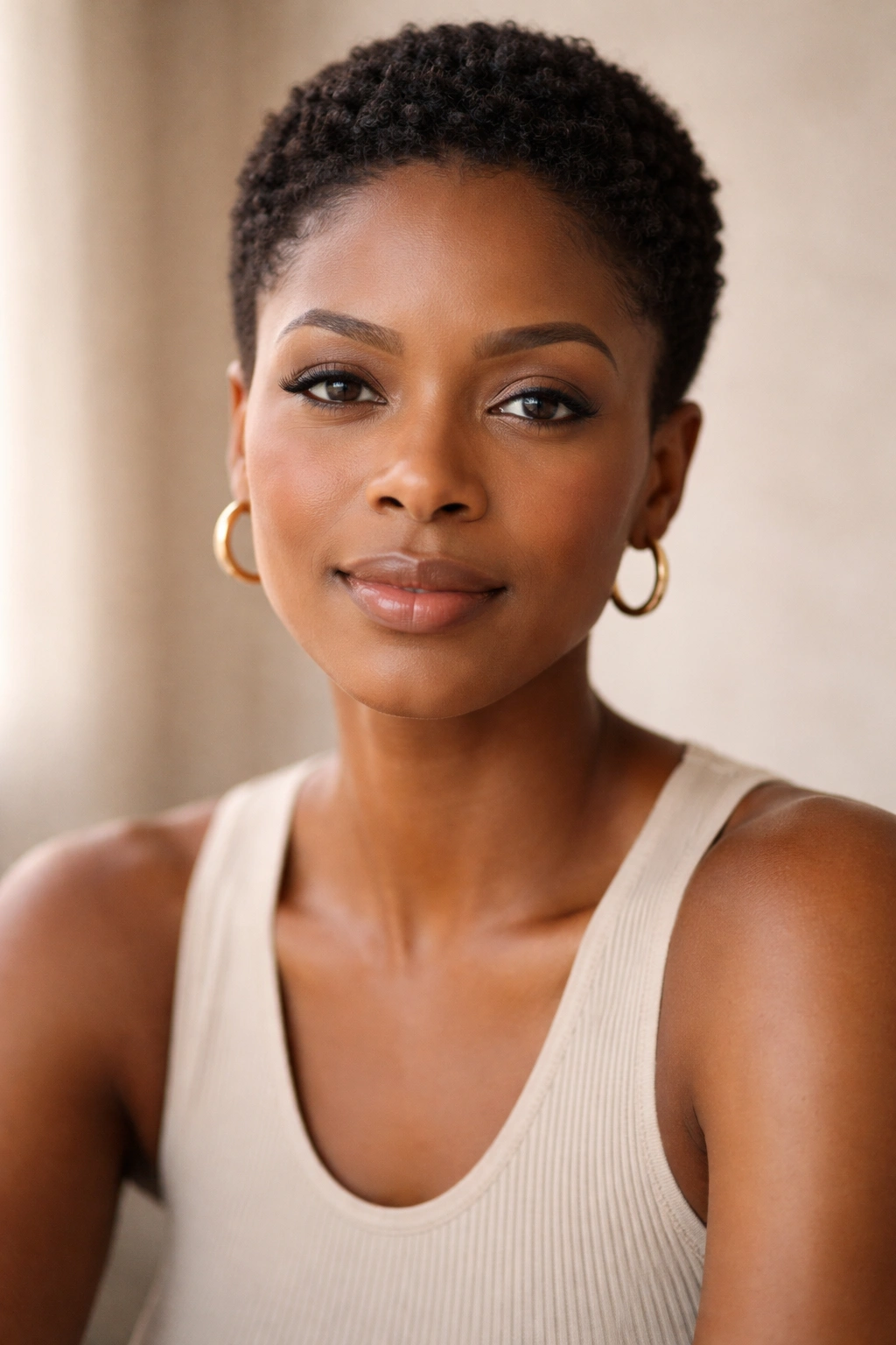 Thoughtful portrait of a mature woman with a short afro
