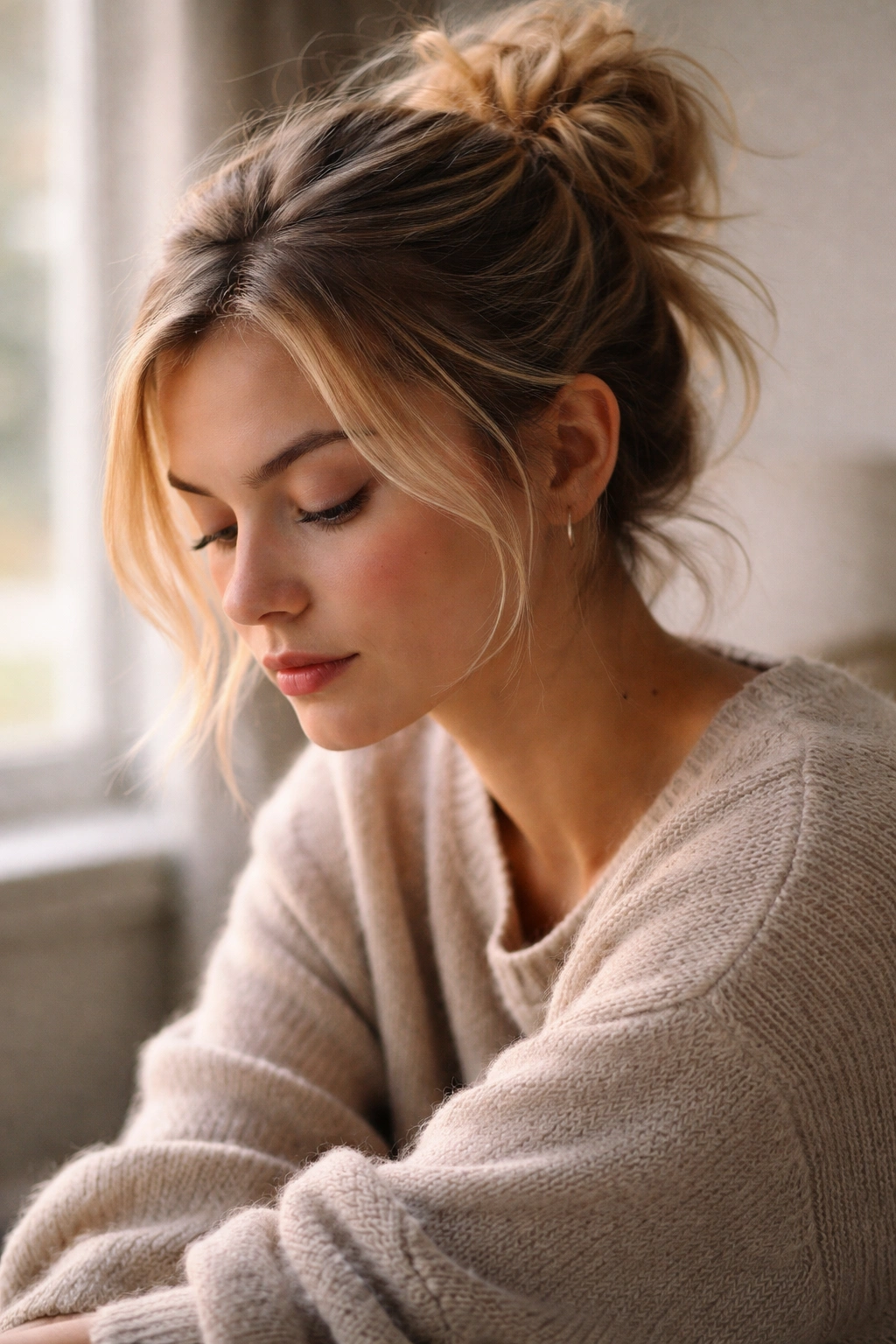 Contemplative portrait of a person with short hair
