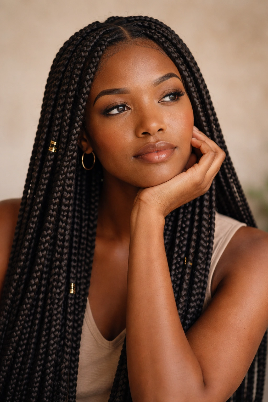 Contemplative Afro woman with box braids in thoughtful pose