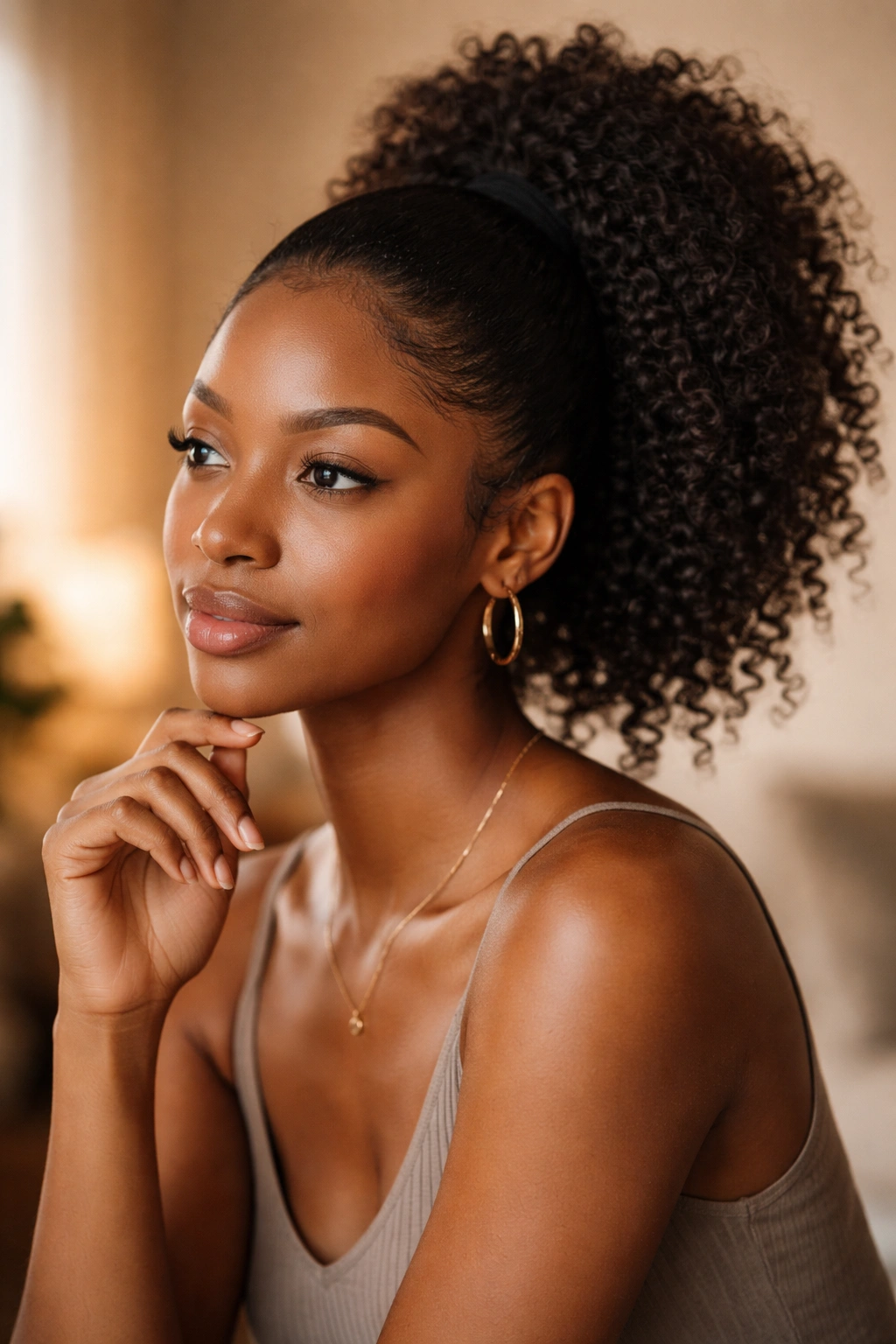 Contemplative portrait of a Black woman with an Afro ponytail in soft studio lighting