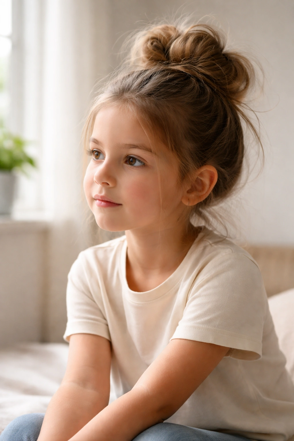 Portrait of a child with a casual messy bun in a thoughtful pose