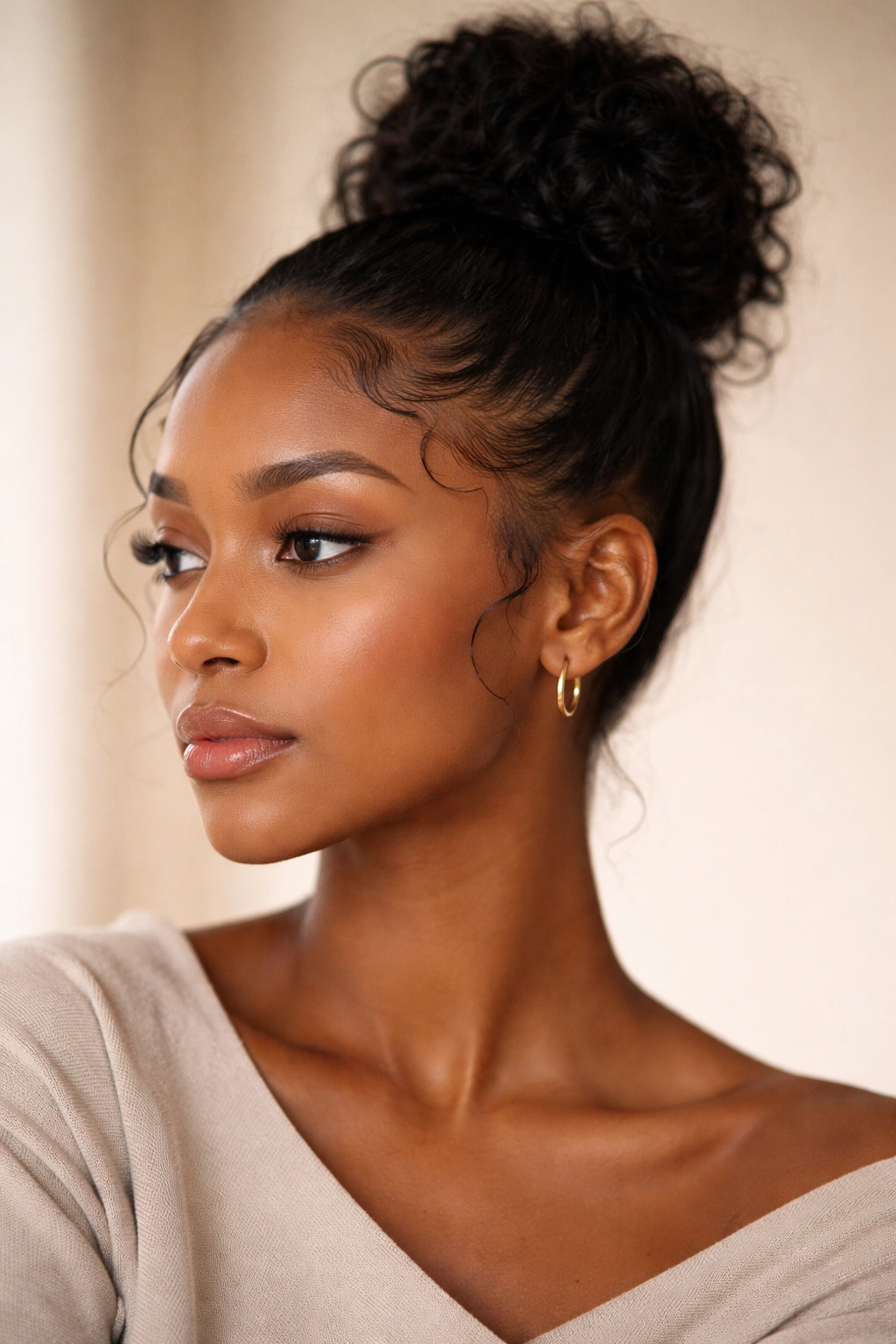 Close-up portrait of a person with laid-edge hairstyle in thoughtful pose
