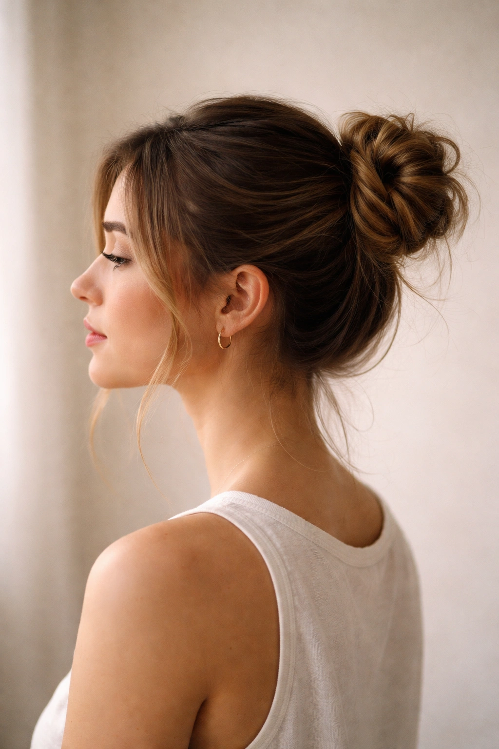 Portrait of a person with a simple bun in profile, calm expression and neutral background.