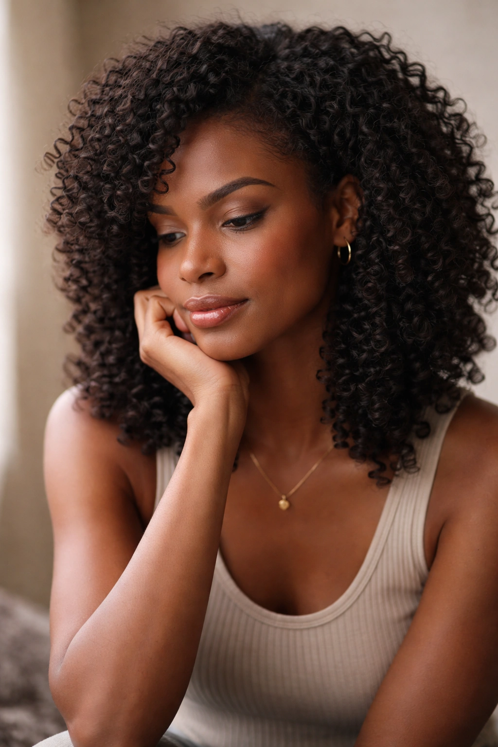 Contemplative portrait of a person with coily hair after a layered cut