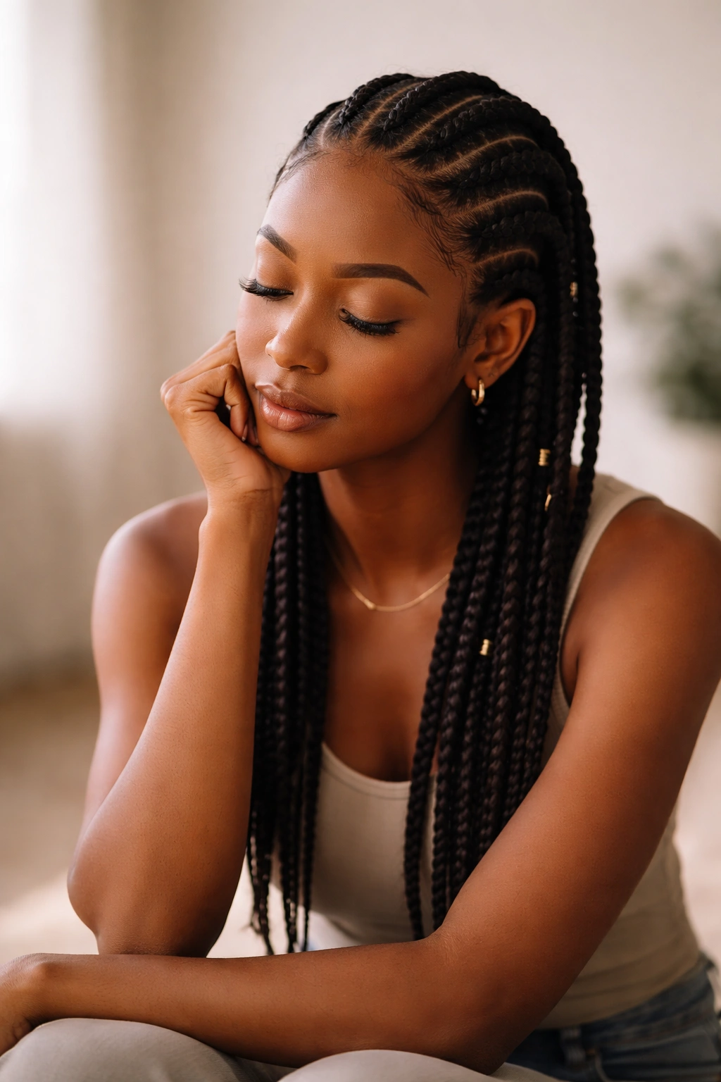 Contemplative portrait in soft studio lighting