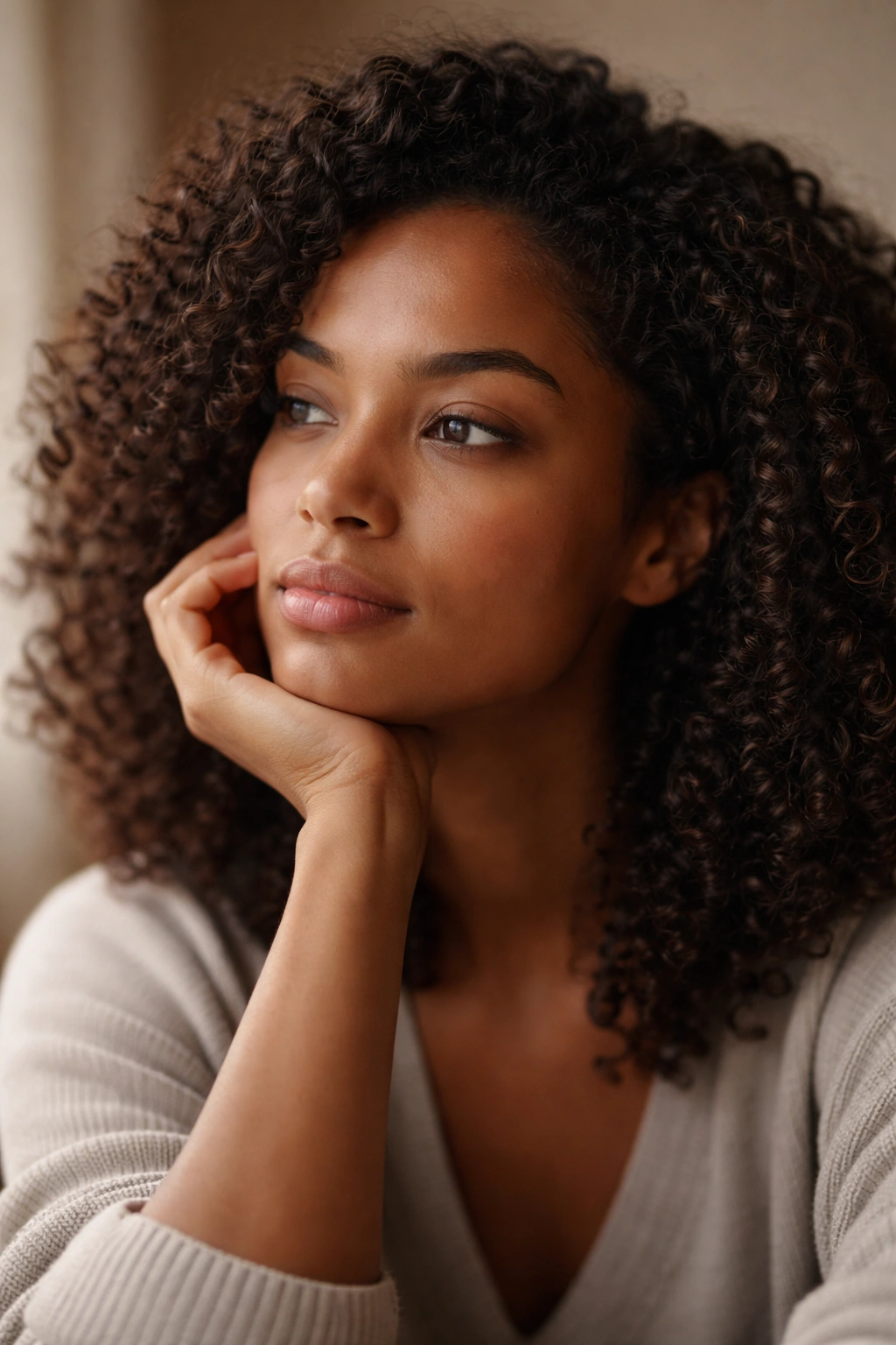 Contemplative portrait against neutral background