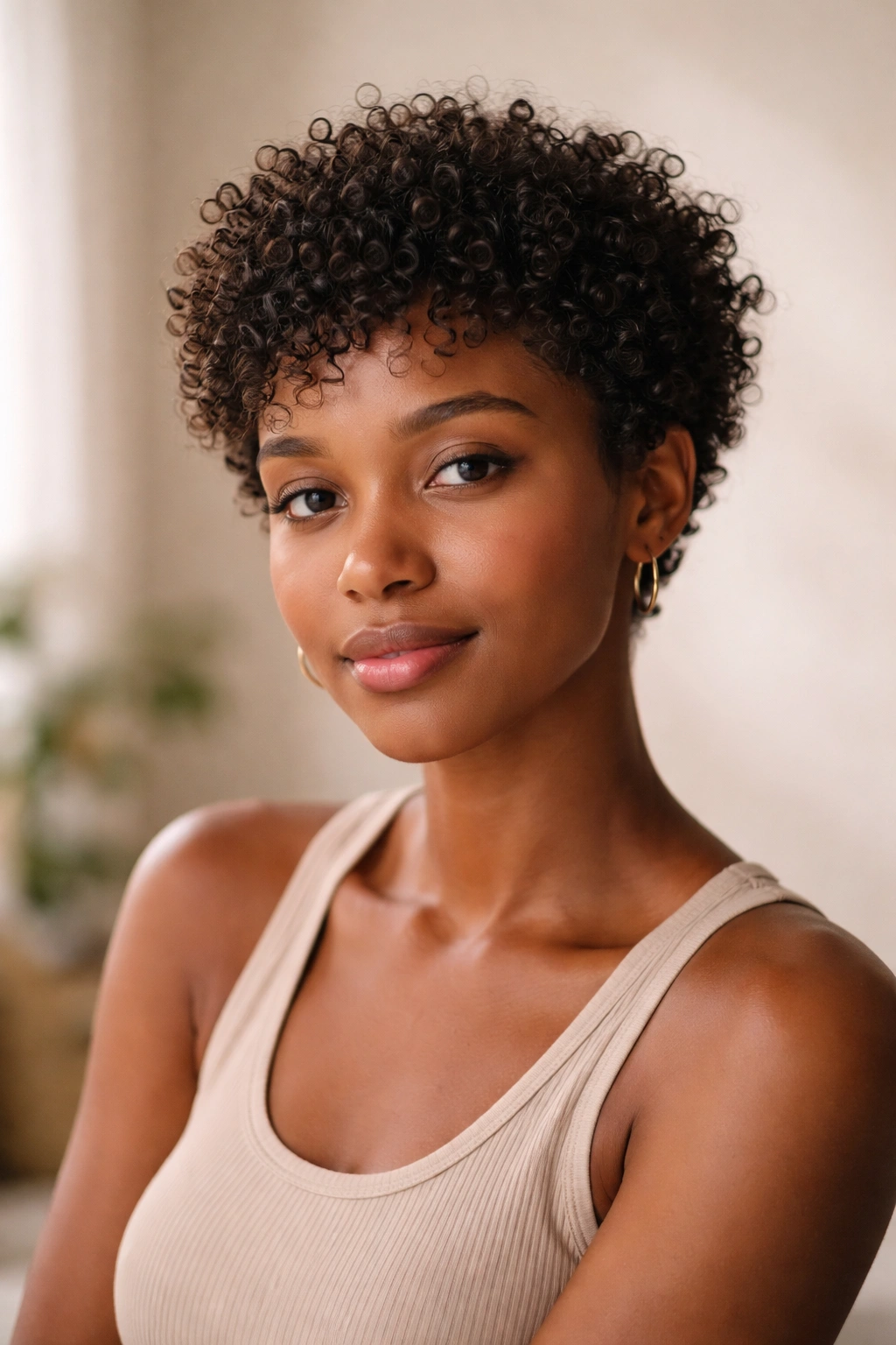 Close-up portrait of a person with short natural curly hair in a quiet studio