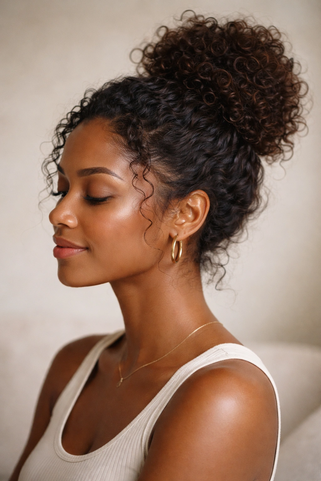 Calm portrait representing Final Thoughts with curly bun