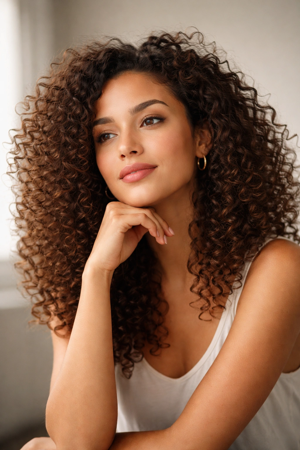 Close-up portrait of a person with curly hair in a thoughtful pose