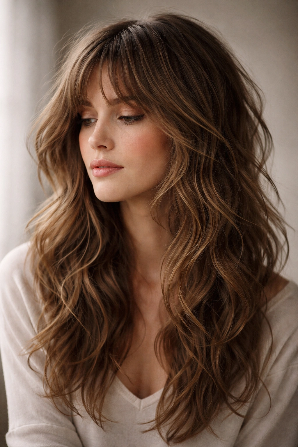 Contemplative portrait of a person with a refined wavy wolf-cut inspired hairstyle