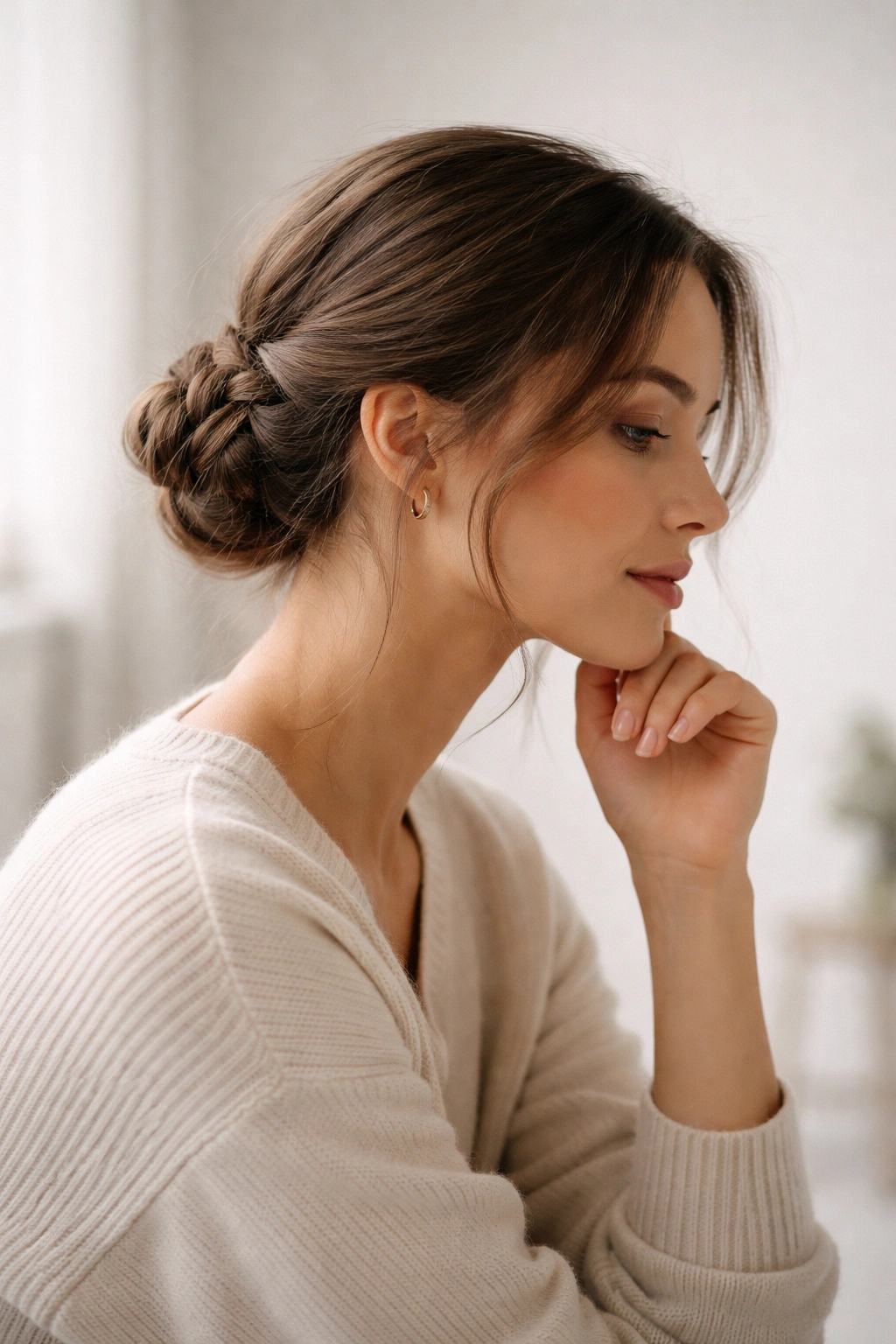 Contemplative portrait of a person with a neat low bun in a studio