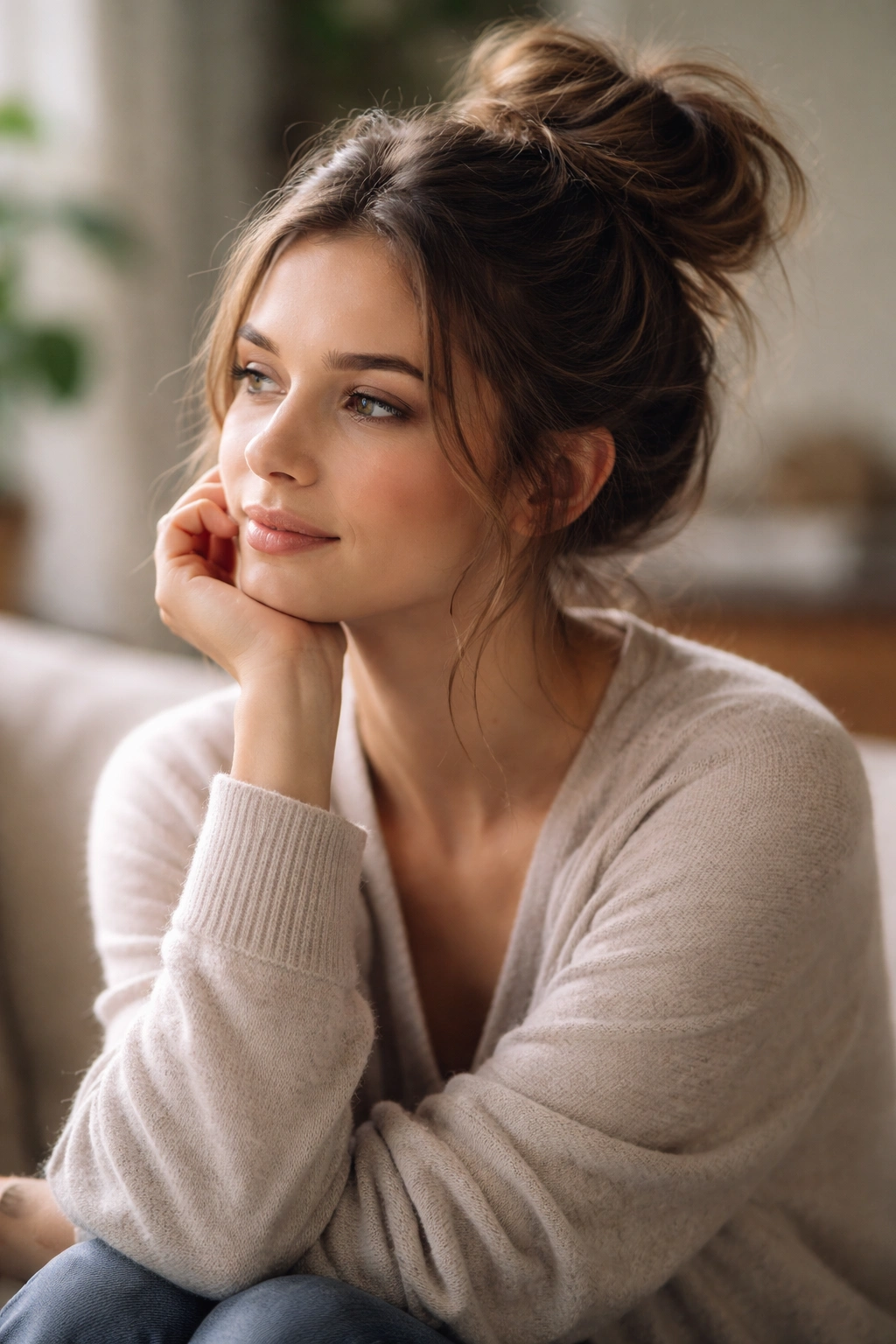 Thoughtful person with a relaxed messy bun in a calm studio