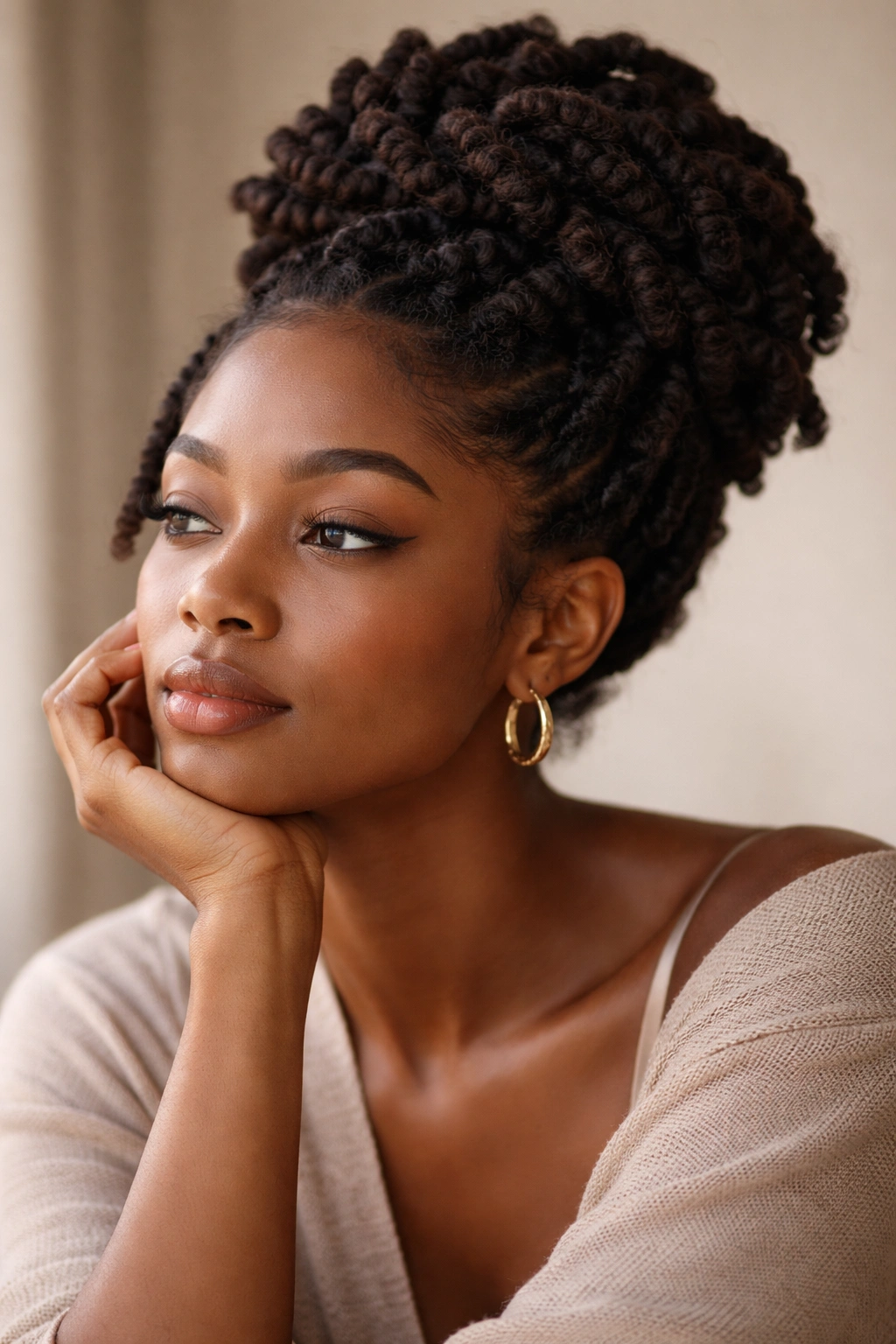 Thoughtful portrait of a person with natural afro hair in a relaxed pose.