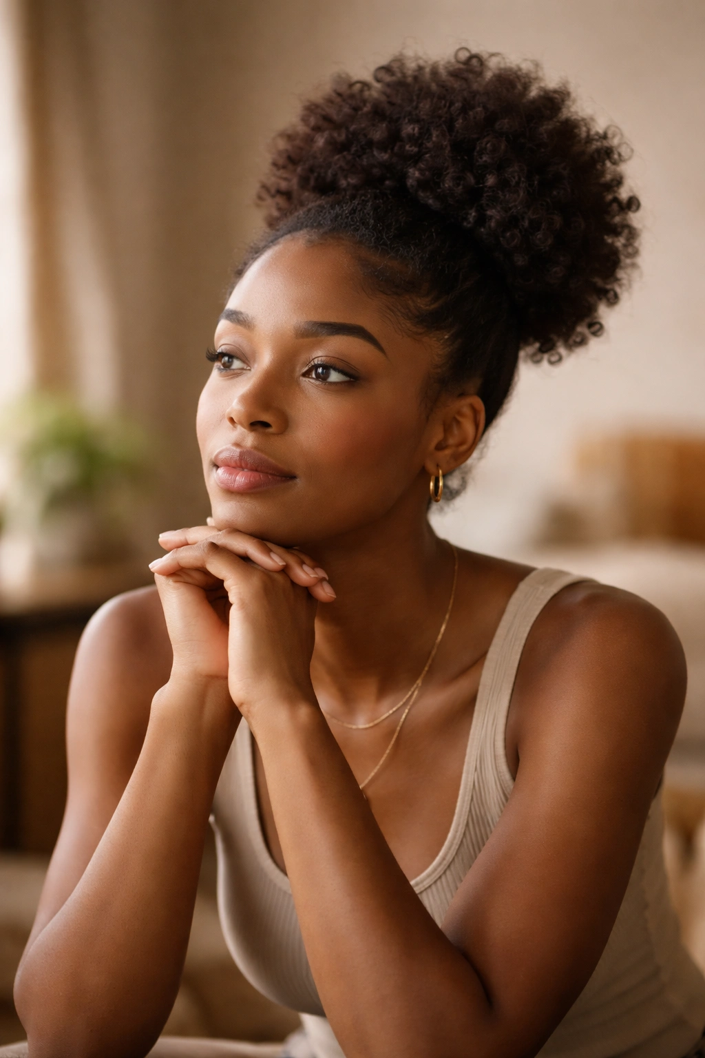Contemplative portrait of a person in a studio with a subtle Afro puff