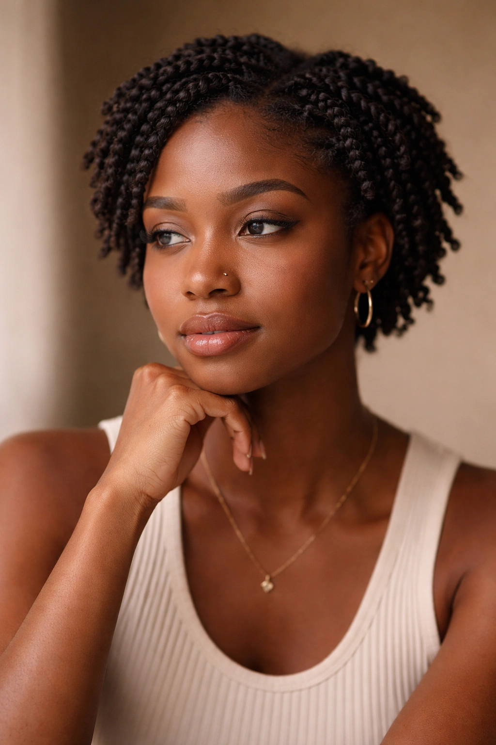 Contemplative portrait with natural hair showing subtle twist texture