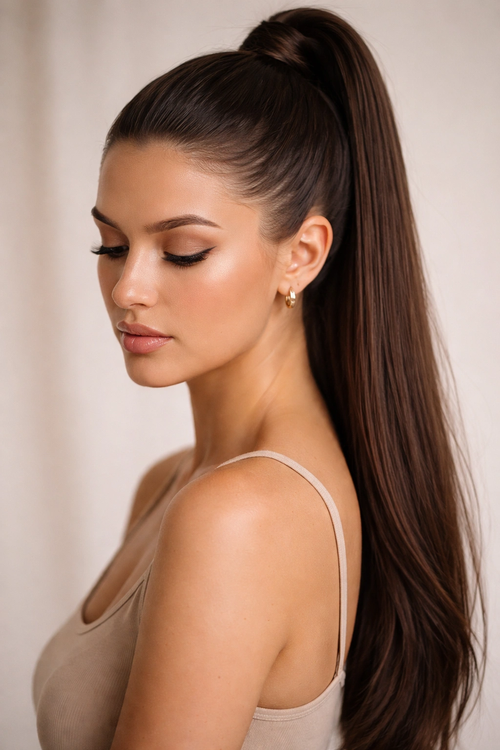 Portrait of a person with a sleek high ponytail in a neutral studio, conveying final thoughts