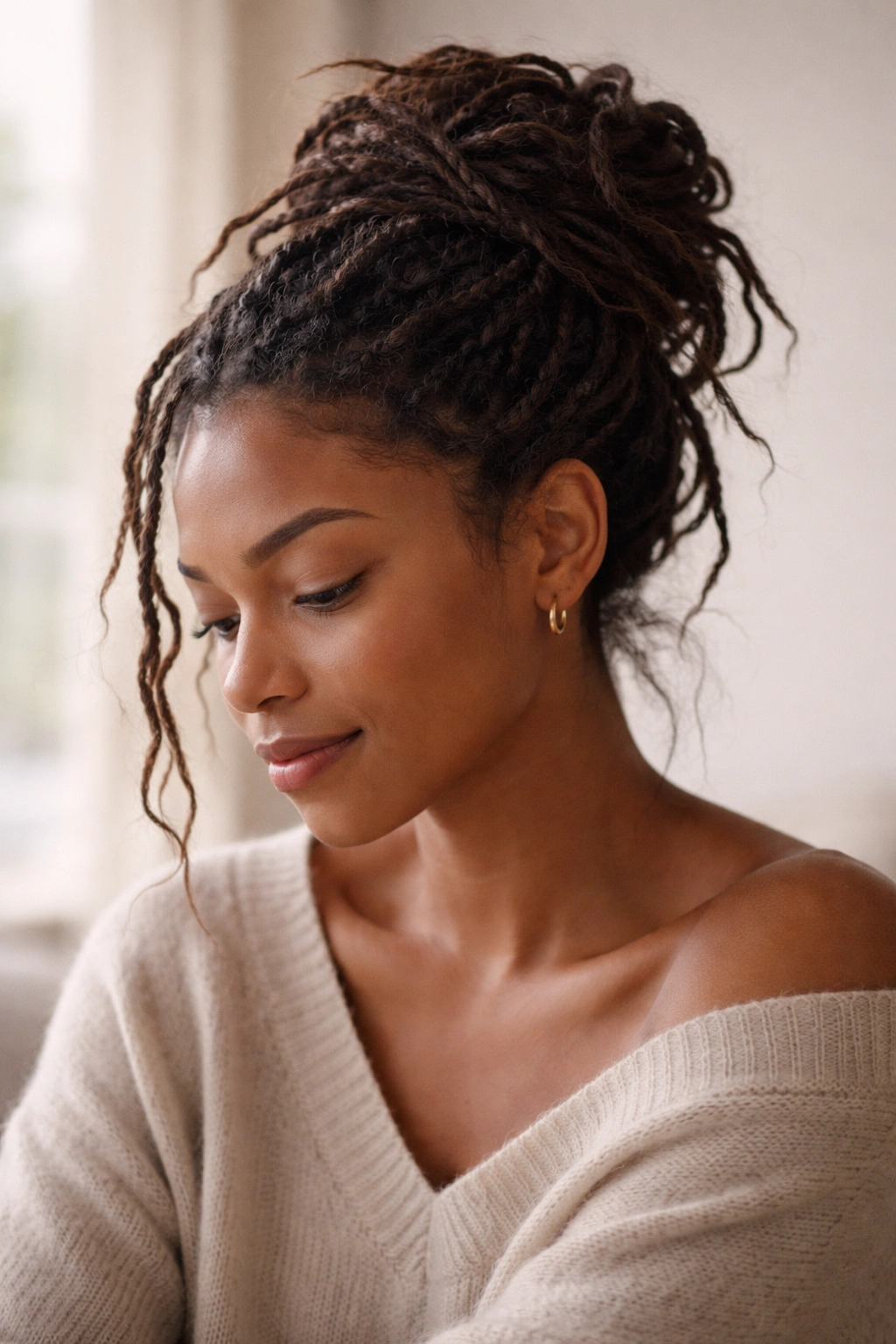 Serene portrait with a relaxed bun, reflecting final thoughts on loc styling