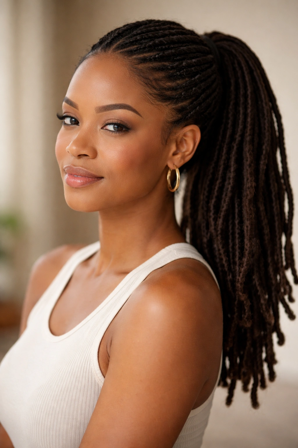 Contemplative studio portrait with simple locs-inspired ponytail