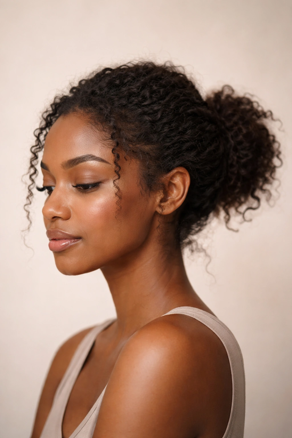 Minimal portrait of a person with a loose messy bun and calm expression