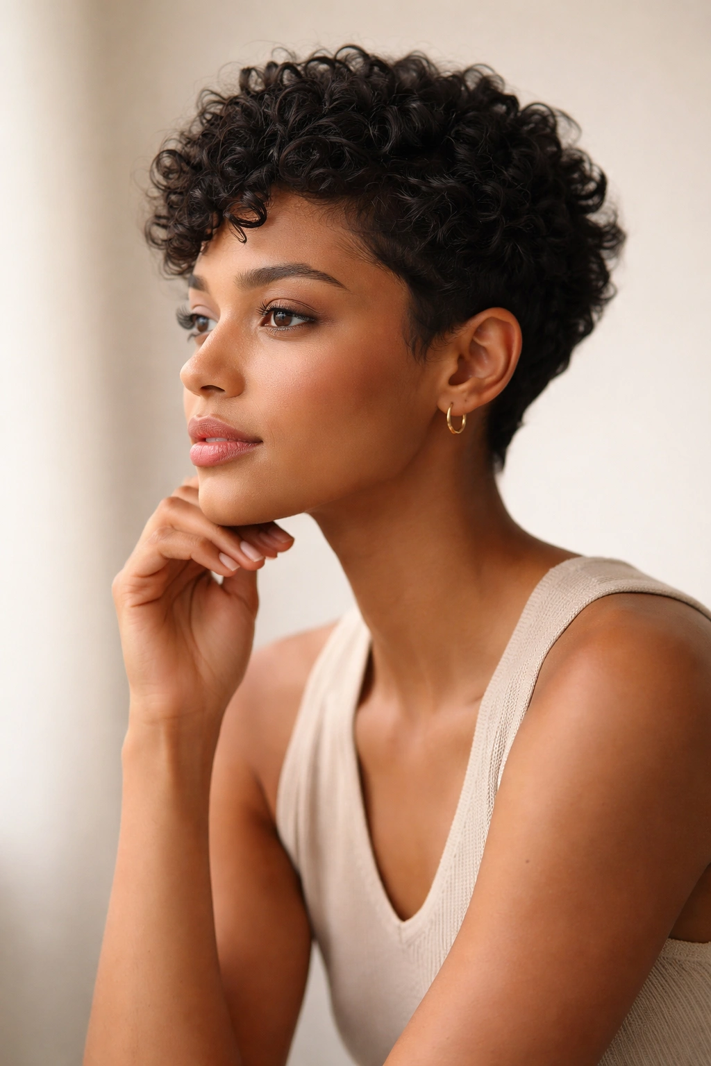 Thoughtful portrait of a person with a short curly pixie, reflecting final thoughts.