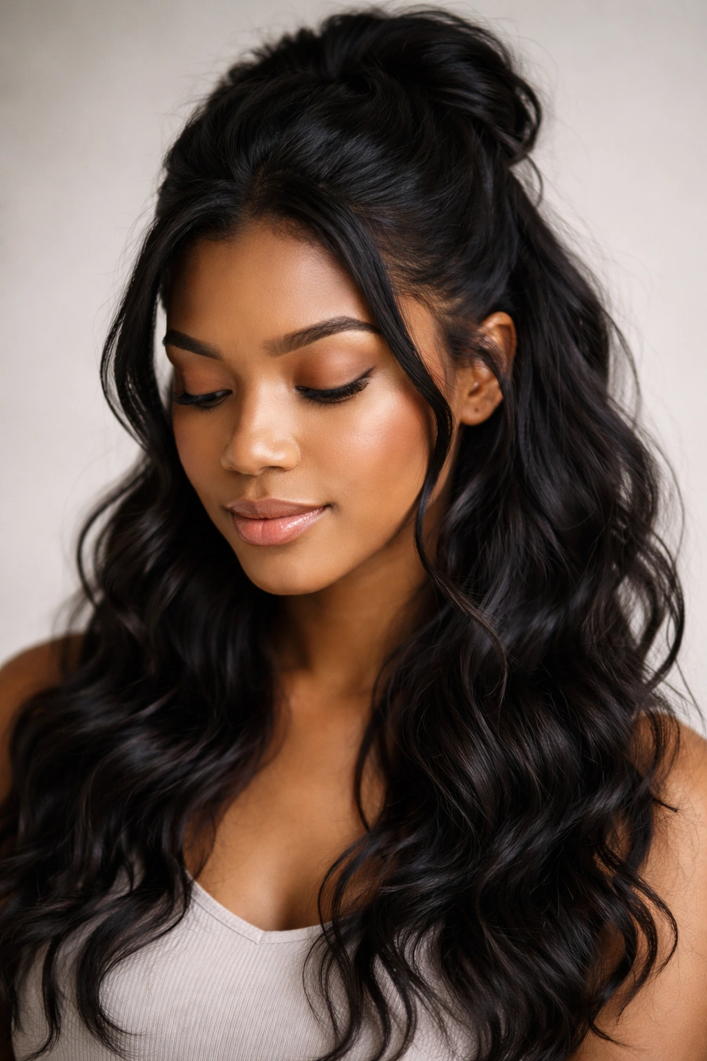 Close-up portrait of a person with black wavy hair styled in a half-updo, contemplative expression