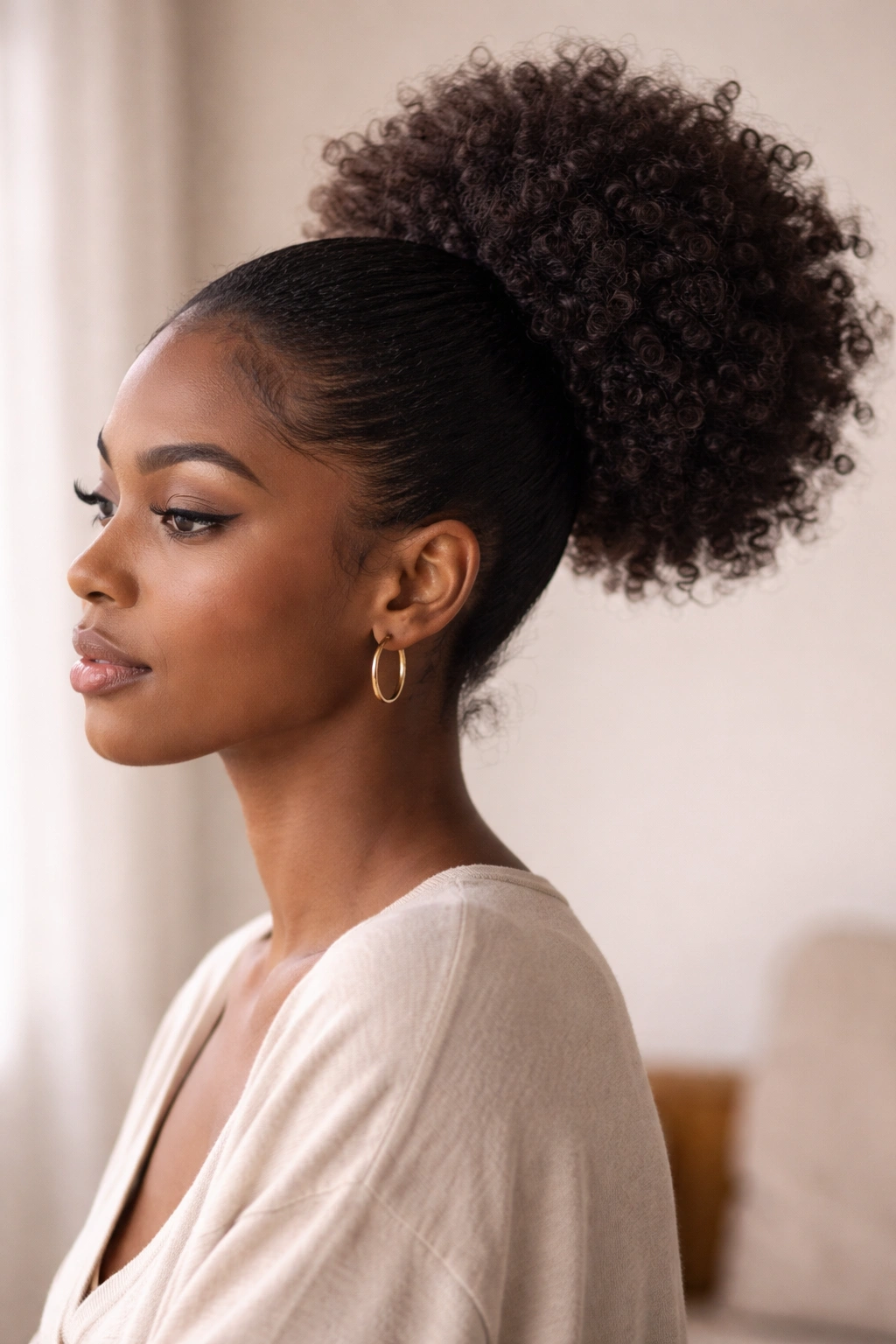 Contemplative portrait of a person with a puff ponytail in a calm studio
