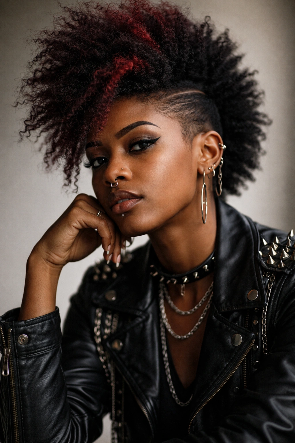 Portrait of a bold woman with a punk afro in a studio setting.
