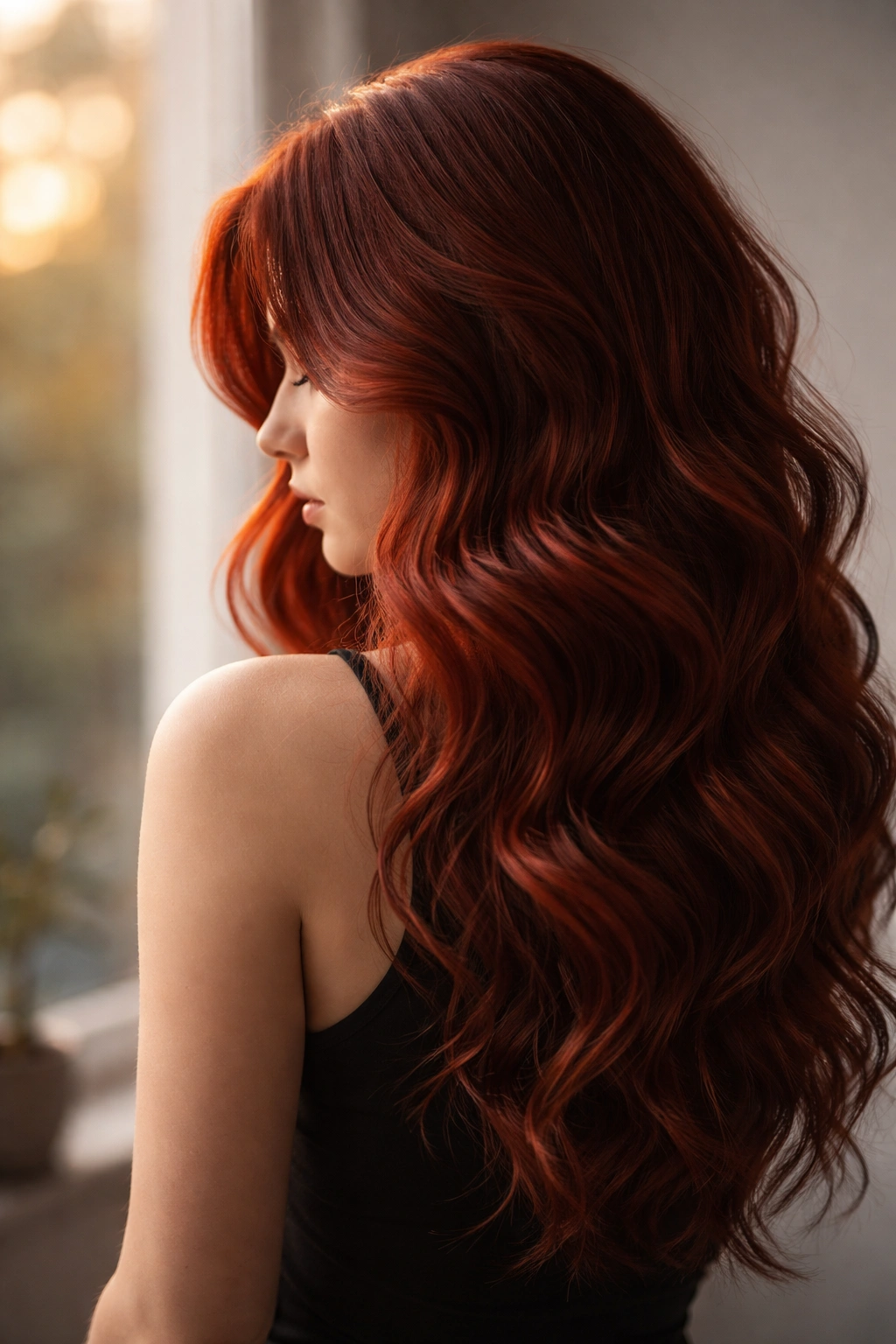 Contemplative silhouette with vivid red wavy hair against a soft background